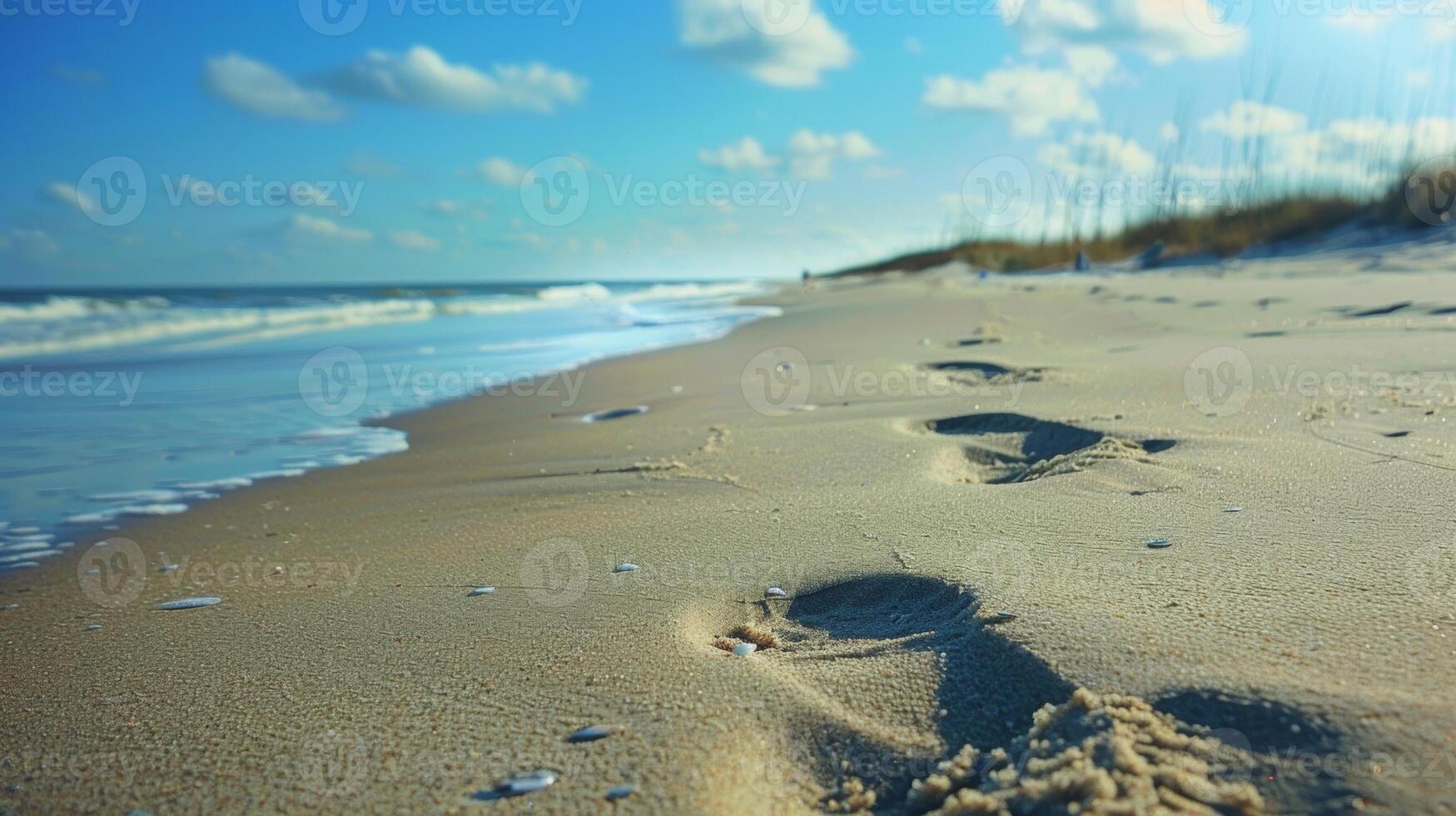 Feet sinking into soft sand while walking along a quiet secluded beach photo
