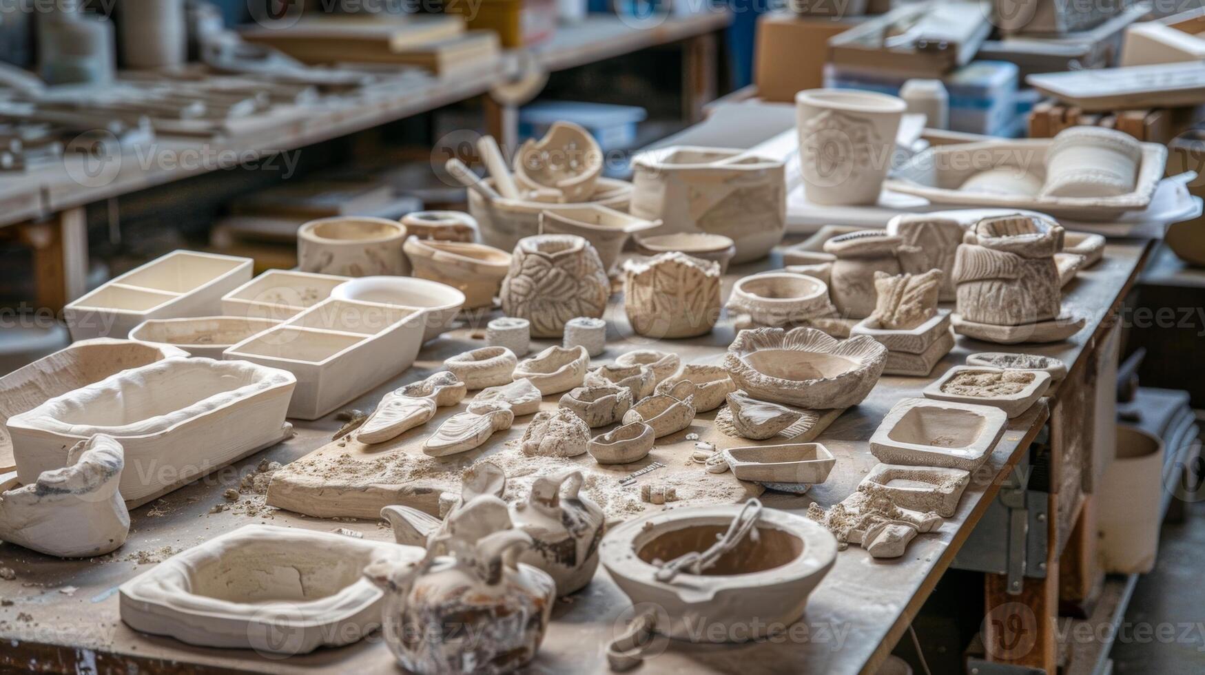 A table covered in different shapes and sizes of ceramic molds waiting to be filled with clay photo