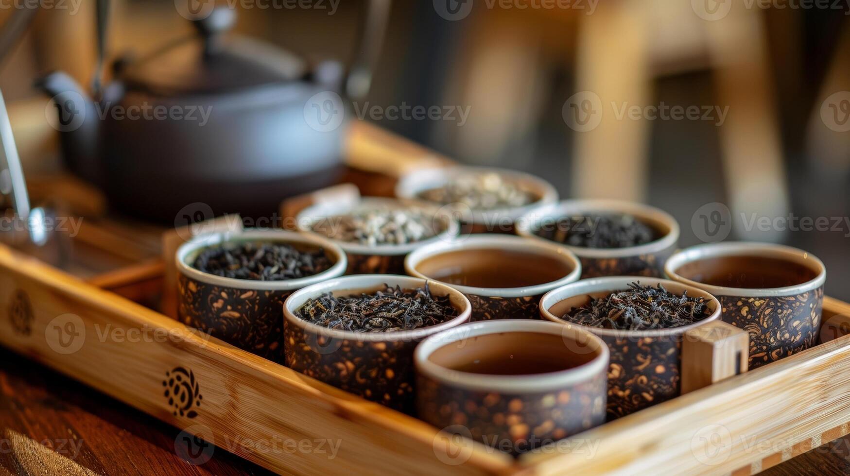 A wooden tray filled with small containers of loose leaf tea and a set of elegant tea tools ready for the ritual to begin photo