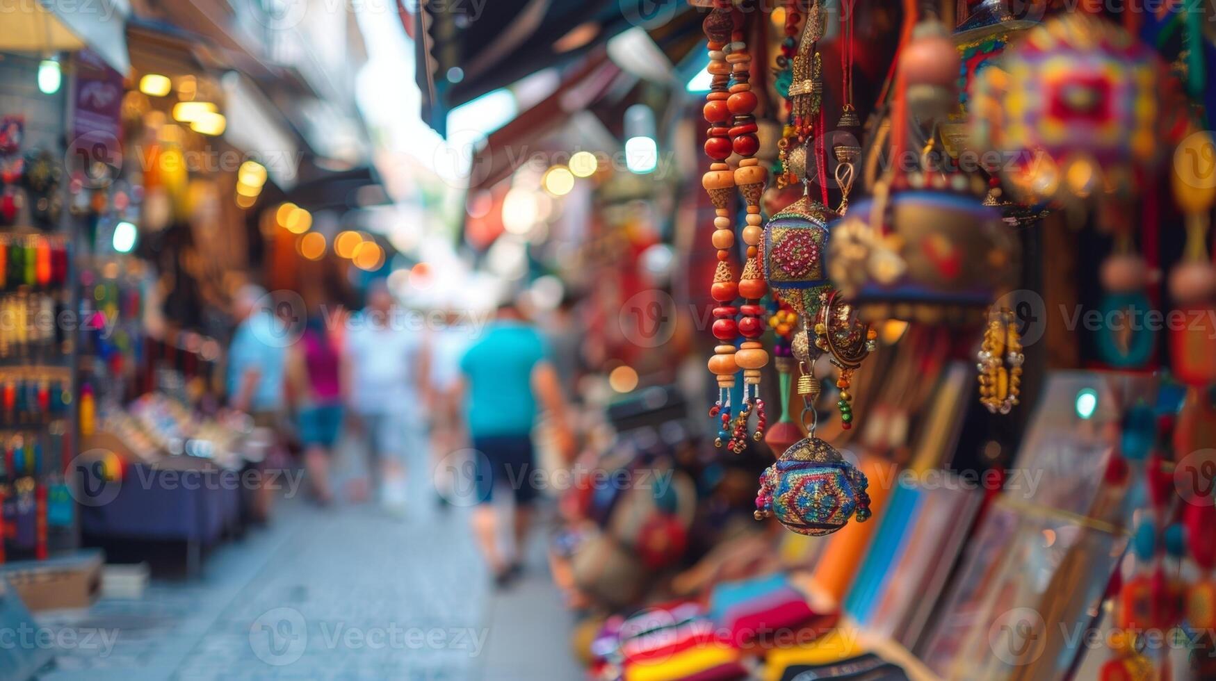 A bustling street market filled with colorful stalls and vendors selling exotic es handcrafted trinkets and unique souvenirs from different cultures photo