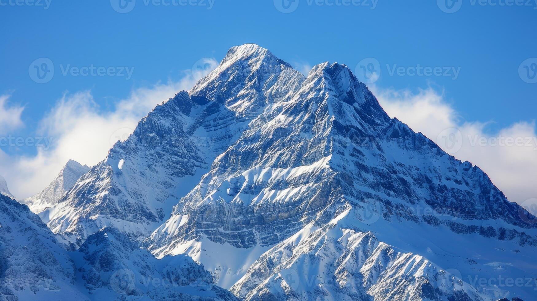 A majestic mountain peak standing tall and regal against a backdrop of clear blue skies photo