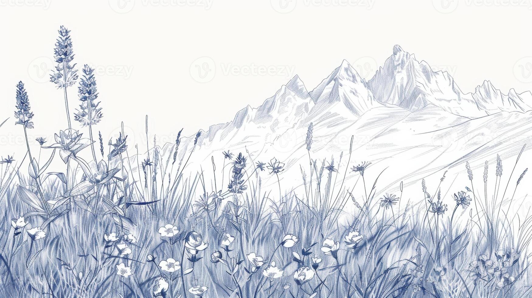 Delicate wildflowers and tall blades of grass sketched in intricate detail against a backdrop of tall mountains photo