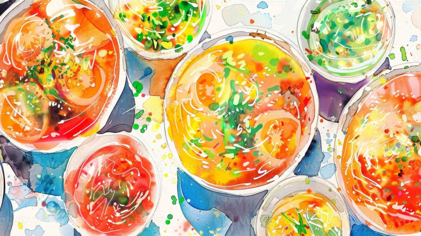 A series of watercolor paintings inspired by the cuisine of different cultures featuring colorful and flavorful dishes from around the world photo