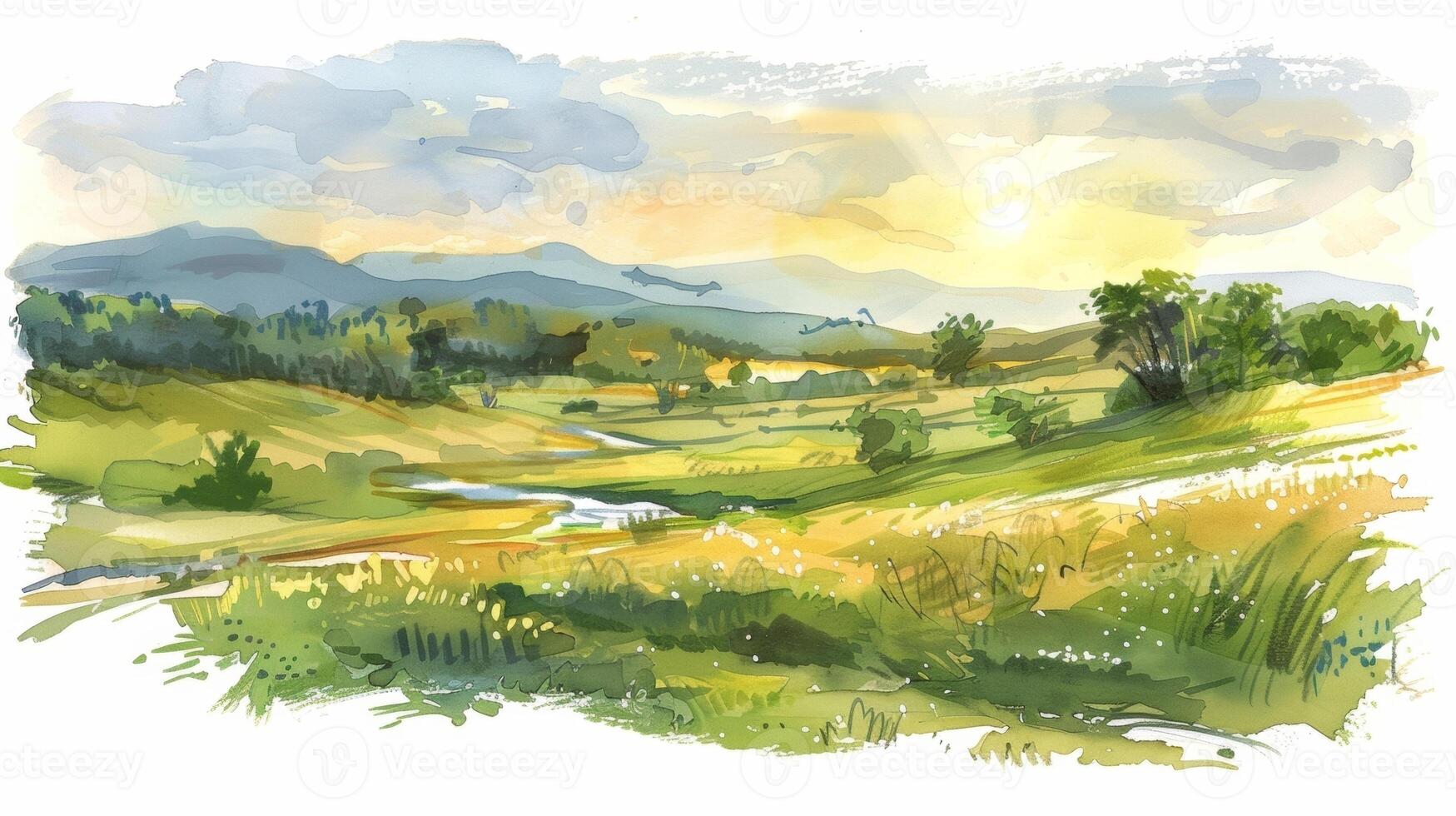 A sweeping landscape of rolling hills and winding rivers carefully captured in a sketch as the sun sets in the distance photo