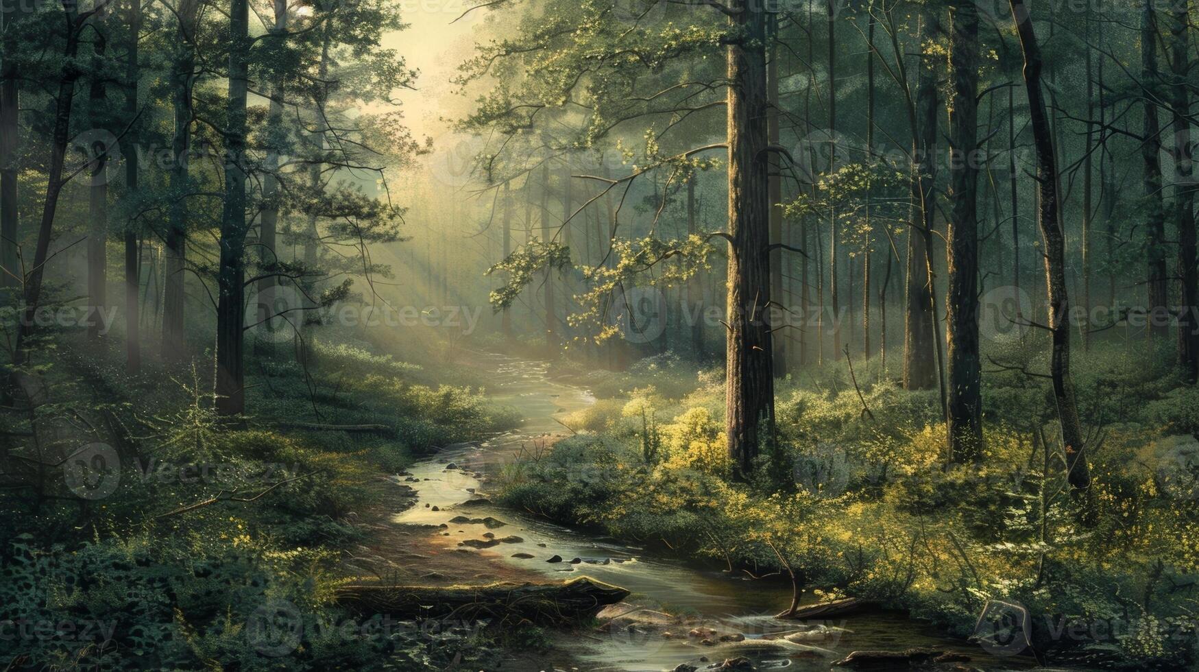 A babbling brook winding through a forest of tall trees the perfect subject for a serene nature sketch photo