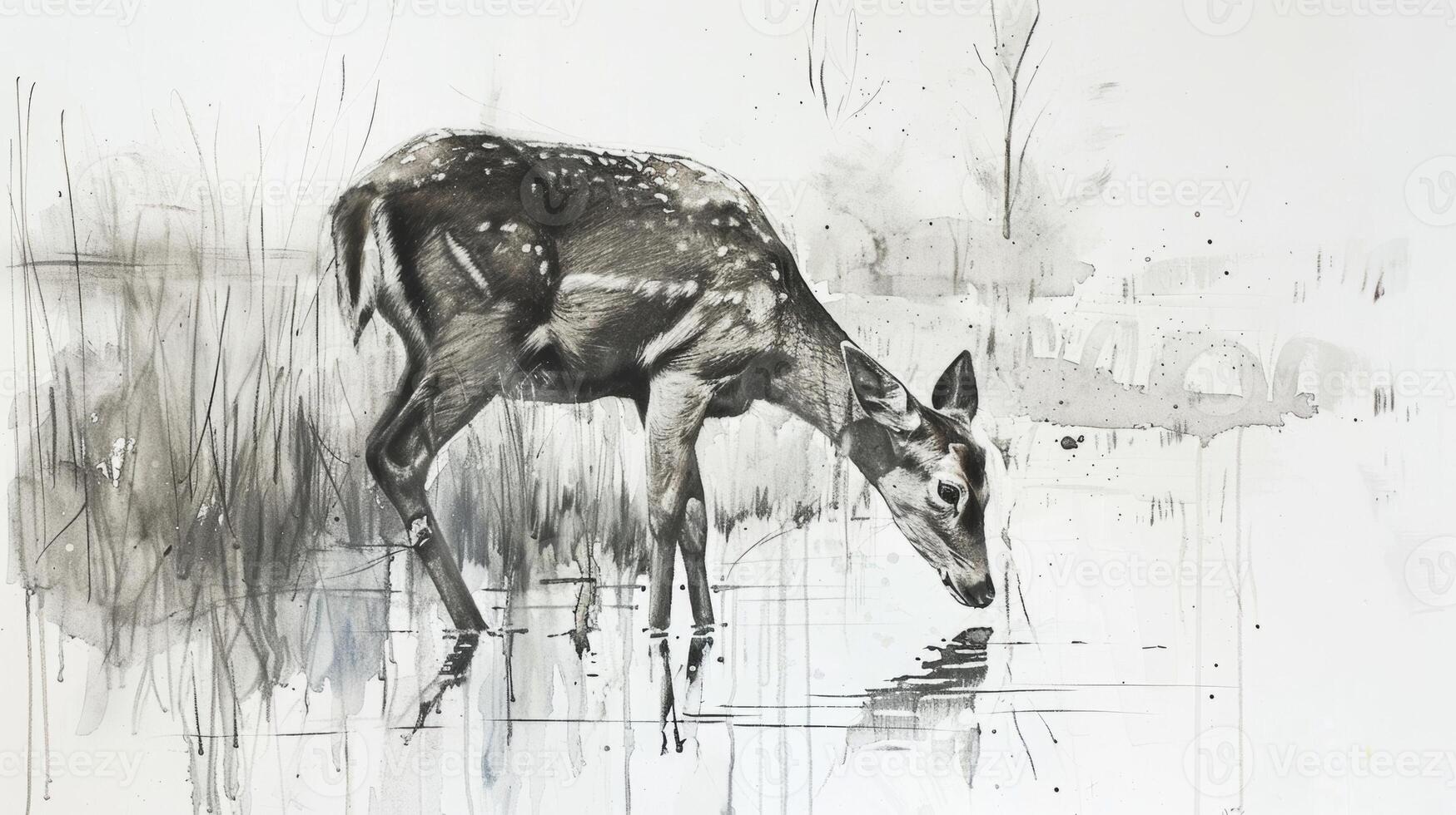 The effortless grace of a grazing deer captured in a nature sketch as it blends into the quiet landscape photo