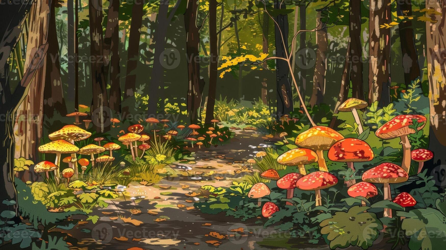 A patch of colorful mushrooms growing in a shaded forest delicately rendered in a nature sketch photo
