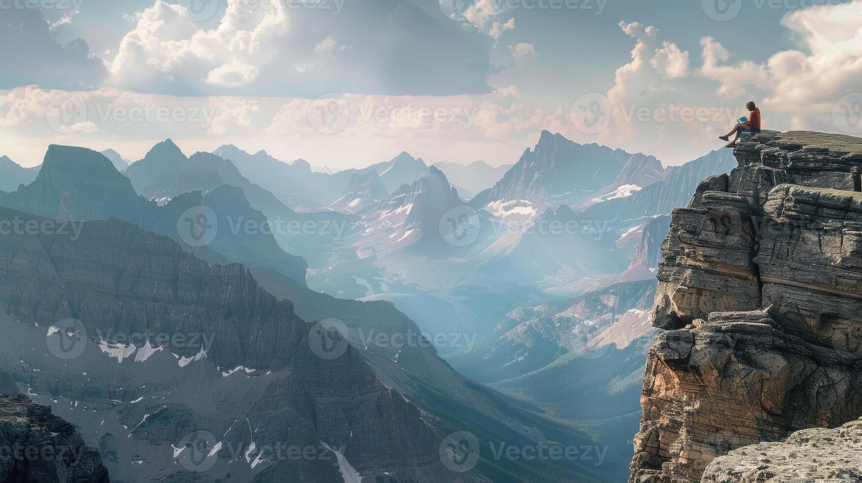 A person perched on a rocky ledge taking in the view as they sketch the majestic mountains towering above photo