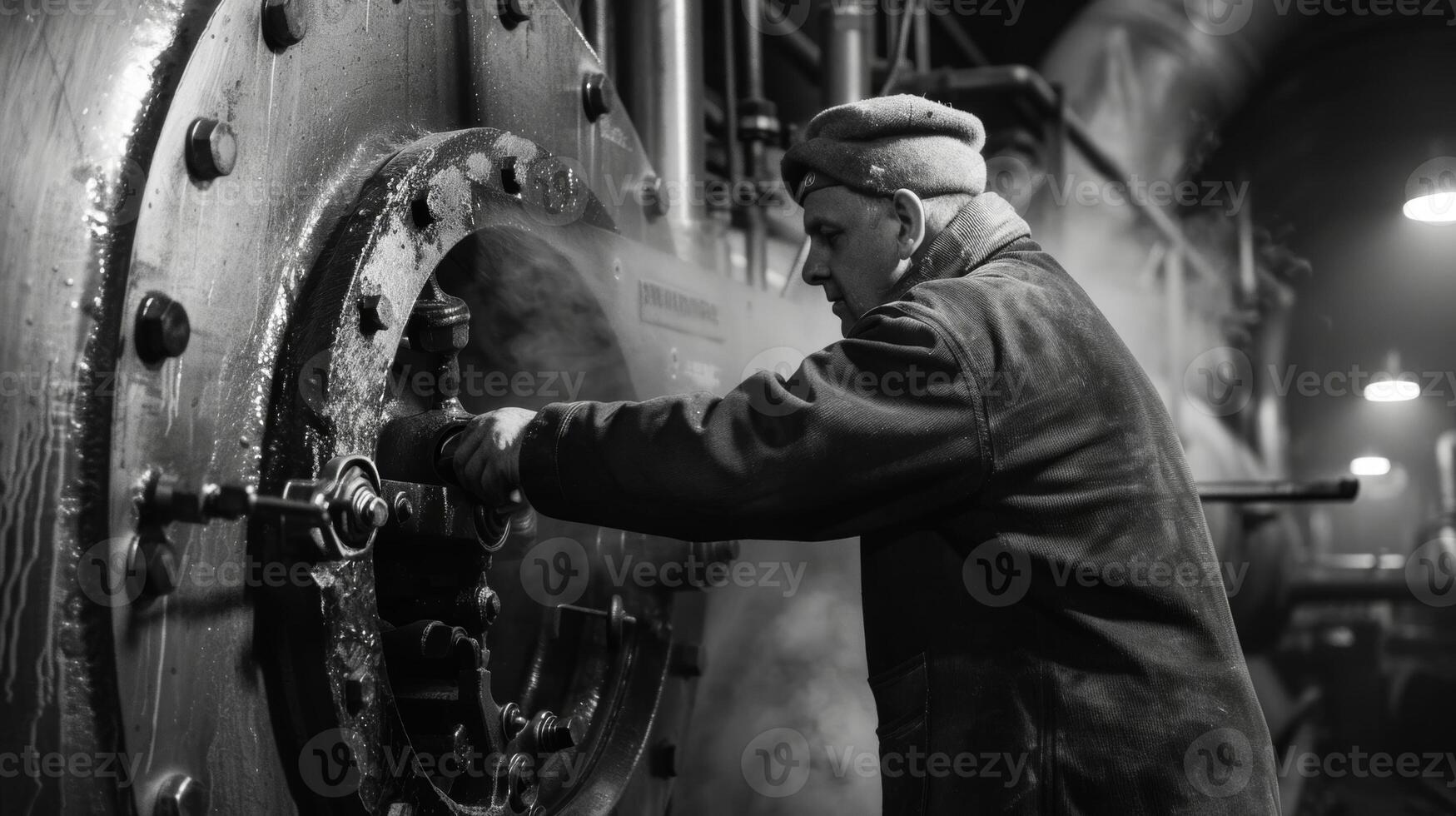 A worker inspecting the output of steam from a valve near the boiler photo