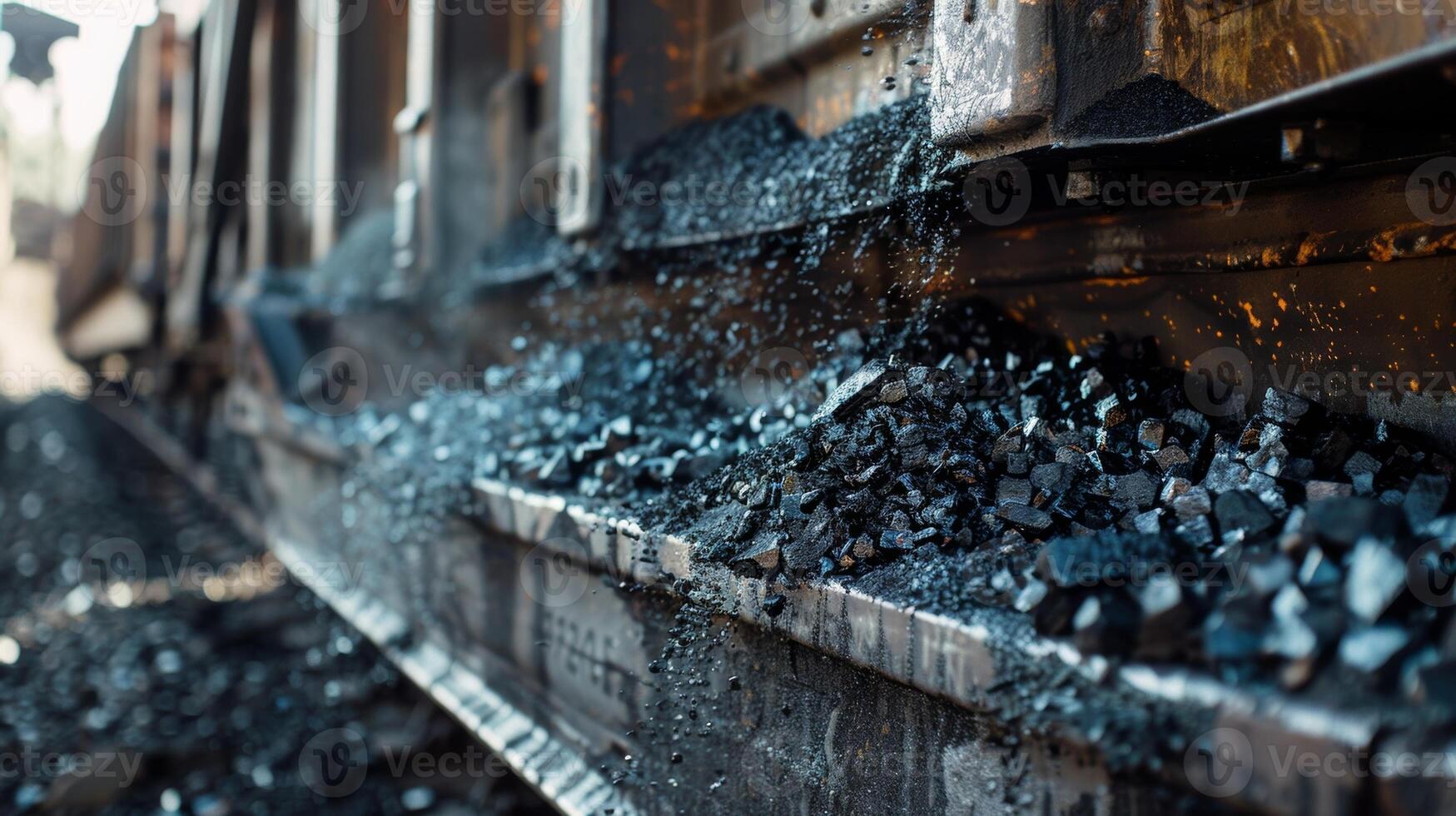 A closeup of coal spilling over the edge of a train car as it is being loaded photo