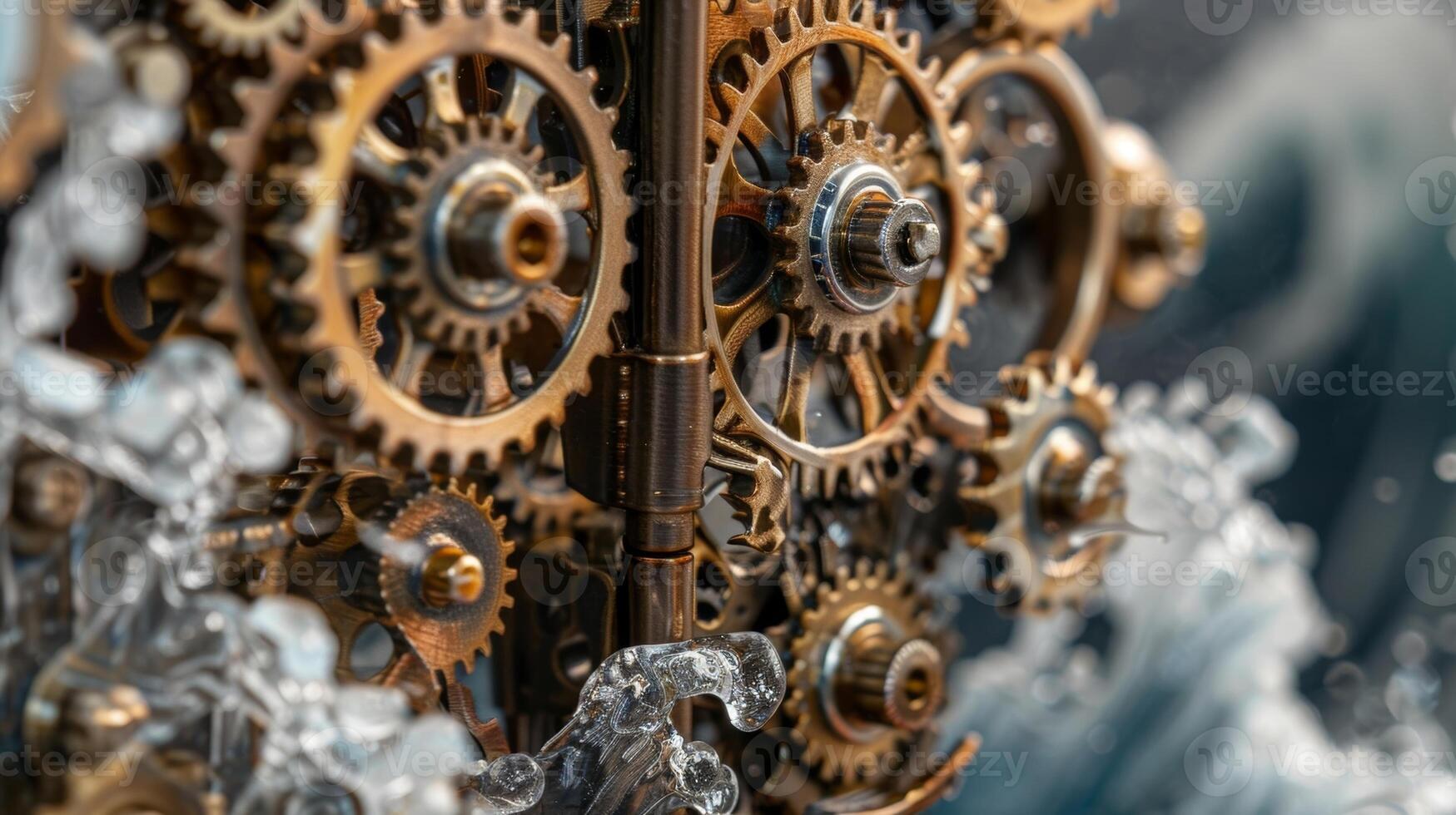 A closeup of a complex machine with intricate gears designed to capture the power of the crashing waves photo