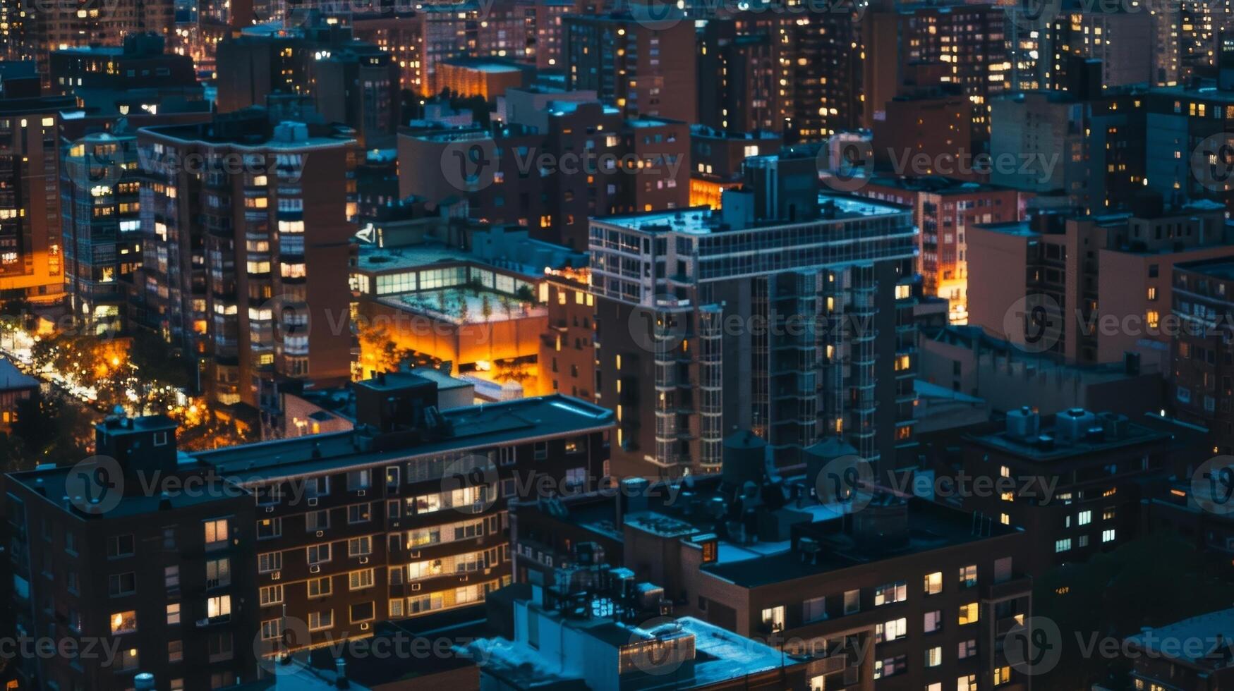 A rooftop view of a city during a blackout with several portable gas generators providing light and power in the surrounding buildings photo