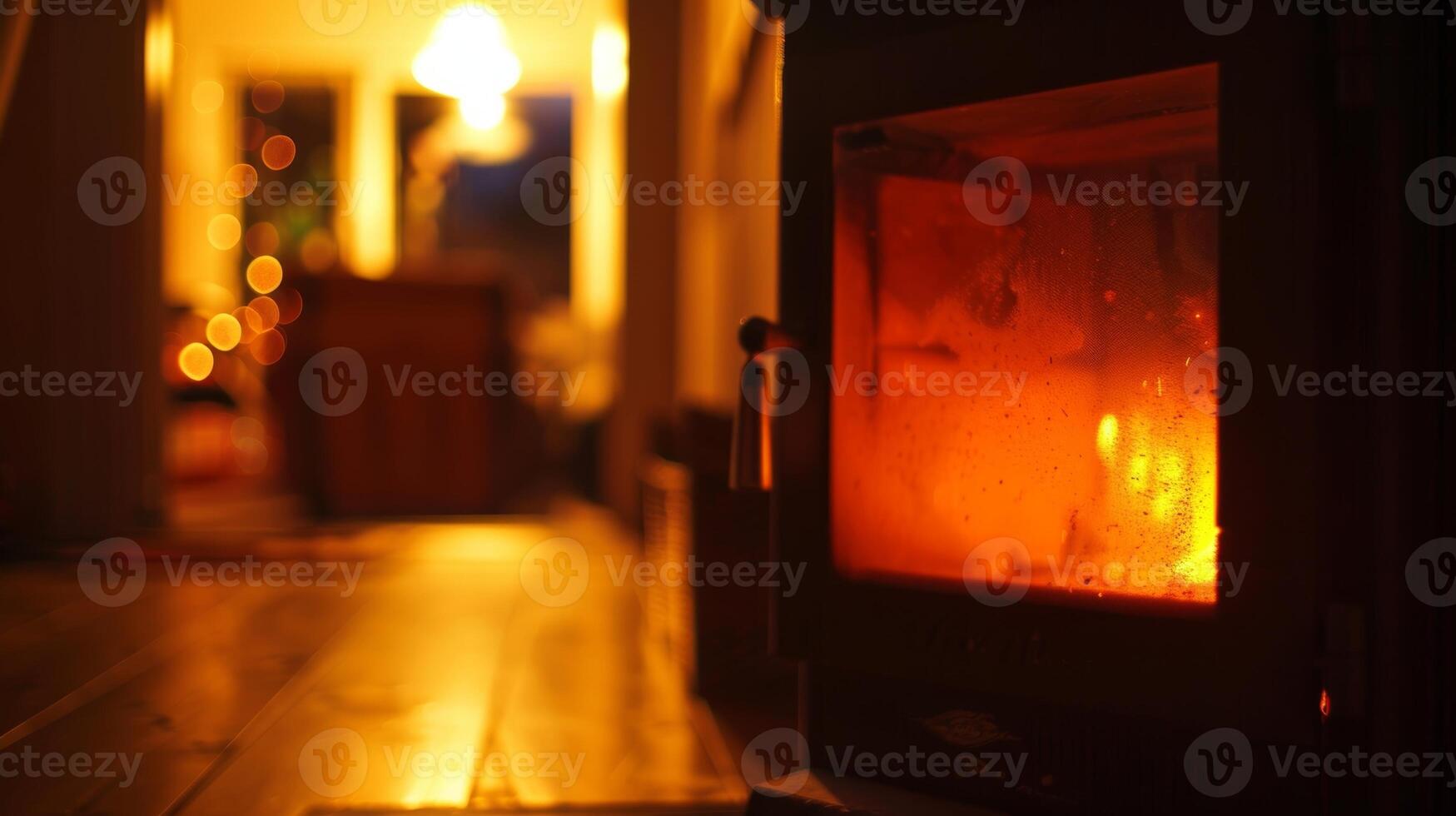 Warm orange light radiates from the open door of a rural biomass stove providing a comforting ambiance in an otherwise sply furnished room photo