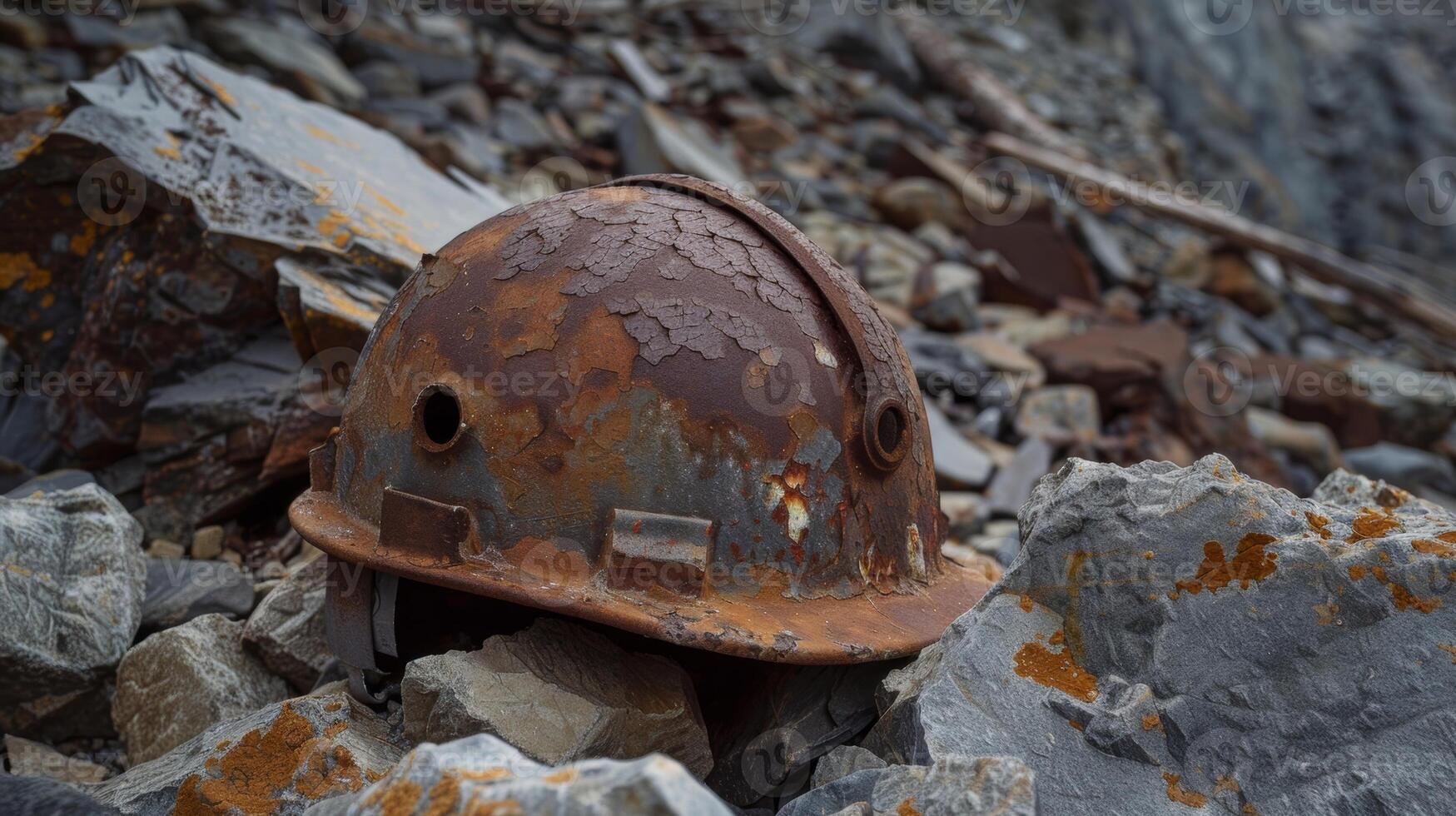 A corroded mining helmet lying a tered rocks a symbol of a forgotten past photo