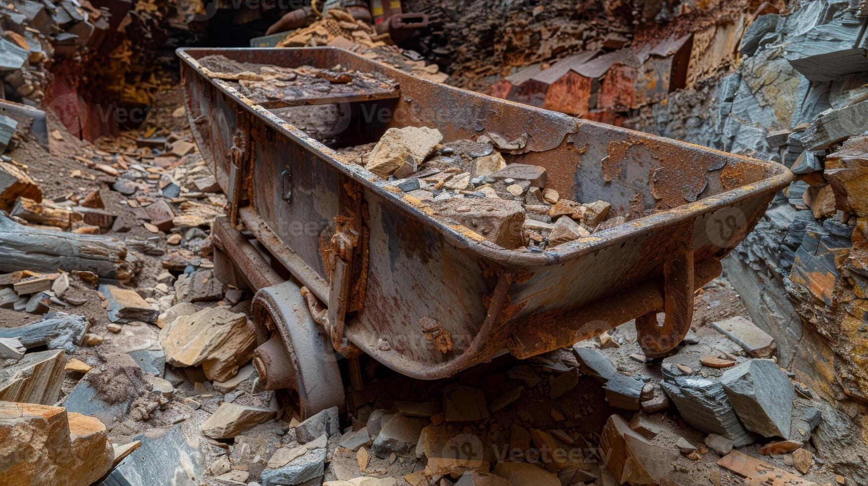 A shattered mine cart covered in layers of reddishbrown rust from years of neglect photo