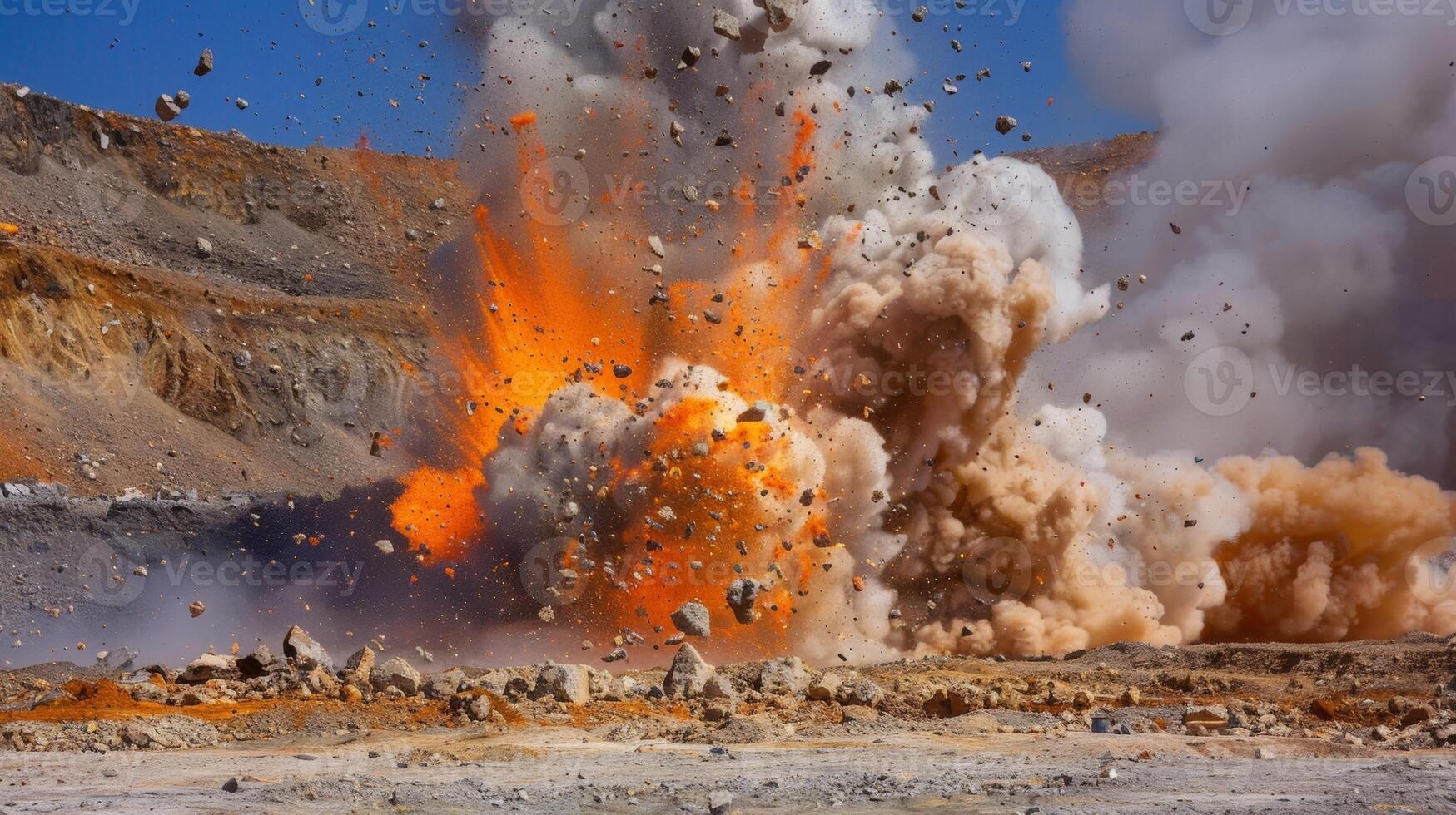 A large explosion at a mining site as dynamite is used to blast through tough layers of mineralrich earth photo