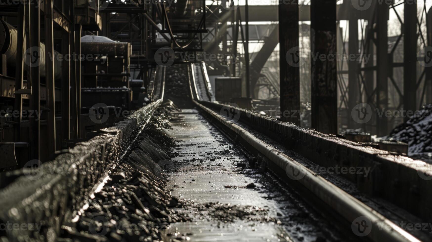 A conveyor belt carrying coal moves through a series of washing stations where workers use brushes and water to scrub away dirt photo