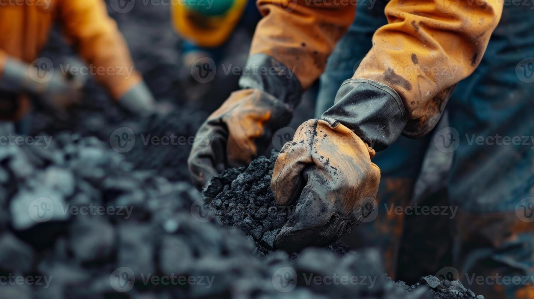 A team of workers wearing hard hats and gloves odically inspect and sort through piles of coal removing any impurities by hand photo