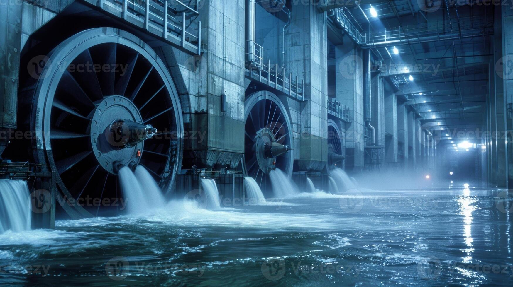 Inside the hydro plant large turbines spin silently generating power from the force of water in a clean and renewable energy process photo
