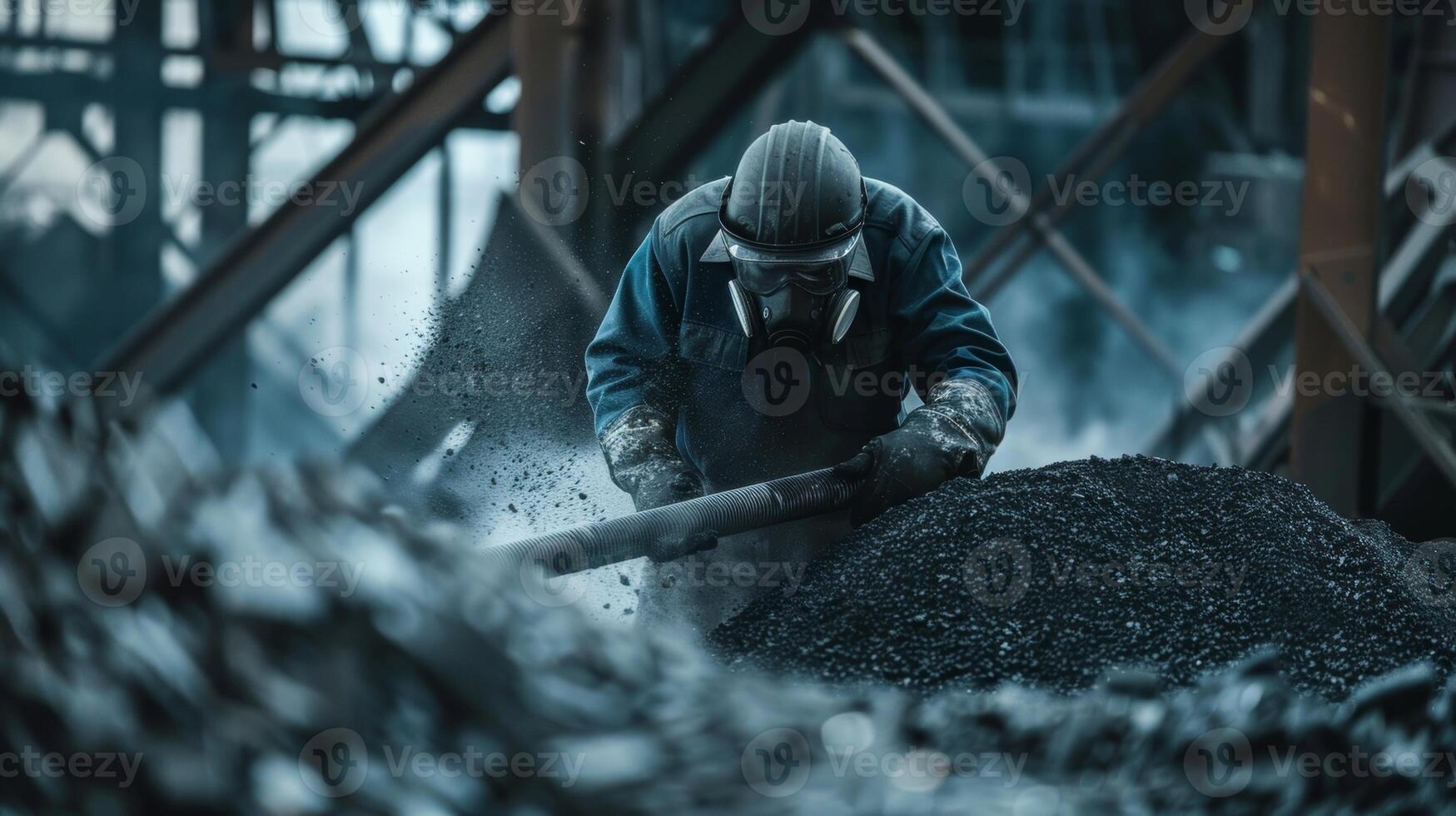 A worker wears a respirator mask as they use an industrial vacuum to up and dispose of leftover dust and dirt from the coal cleaning process photo
