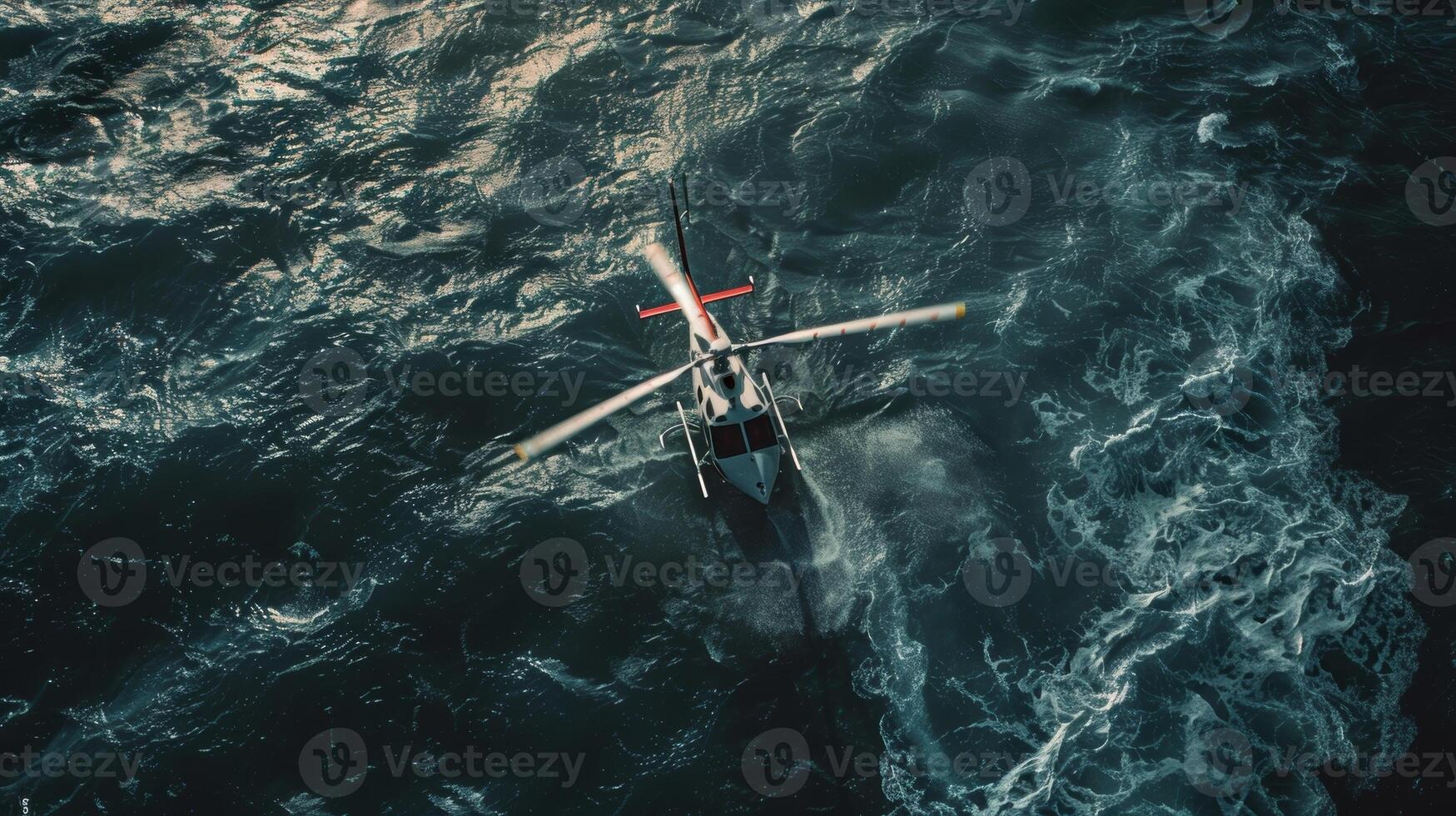 A helicopter flies over the ocean capturing aerial footage of the tidal energy converters in action their blades churning the water below photo