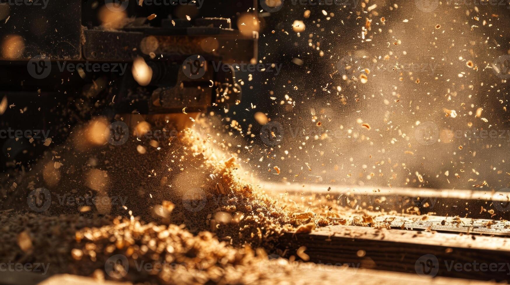 Dust particles flying as a machine grinds down larger wood pieces into fine sawdust photo