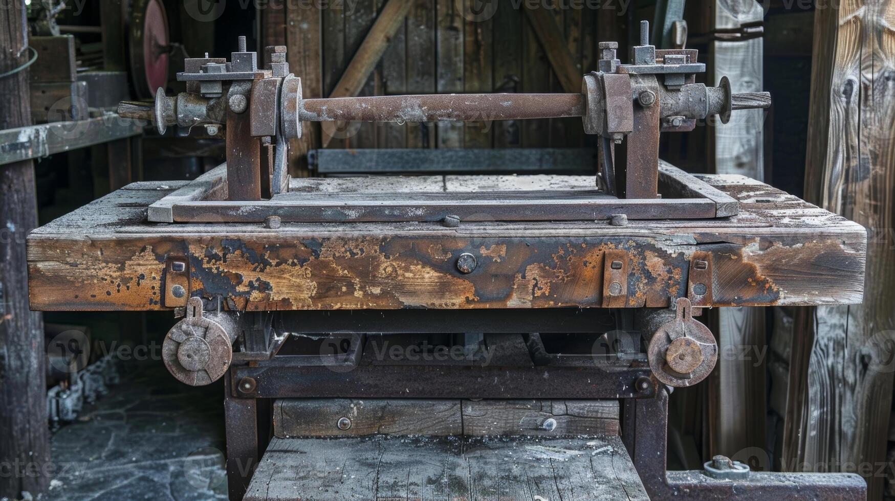 An old weathered press made of metal and wood still in use photo