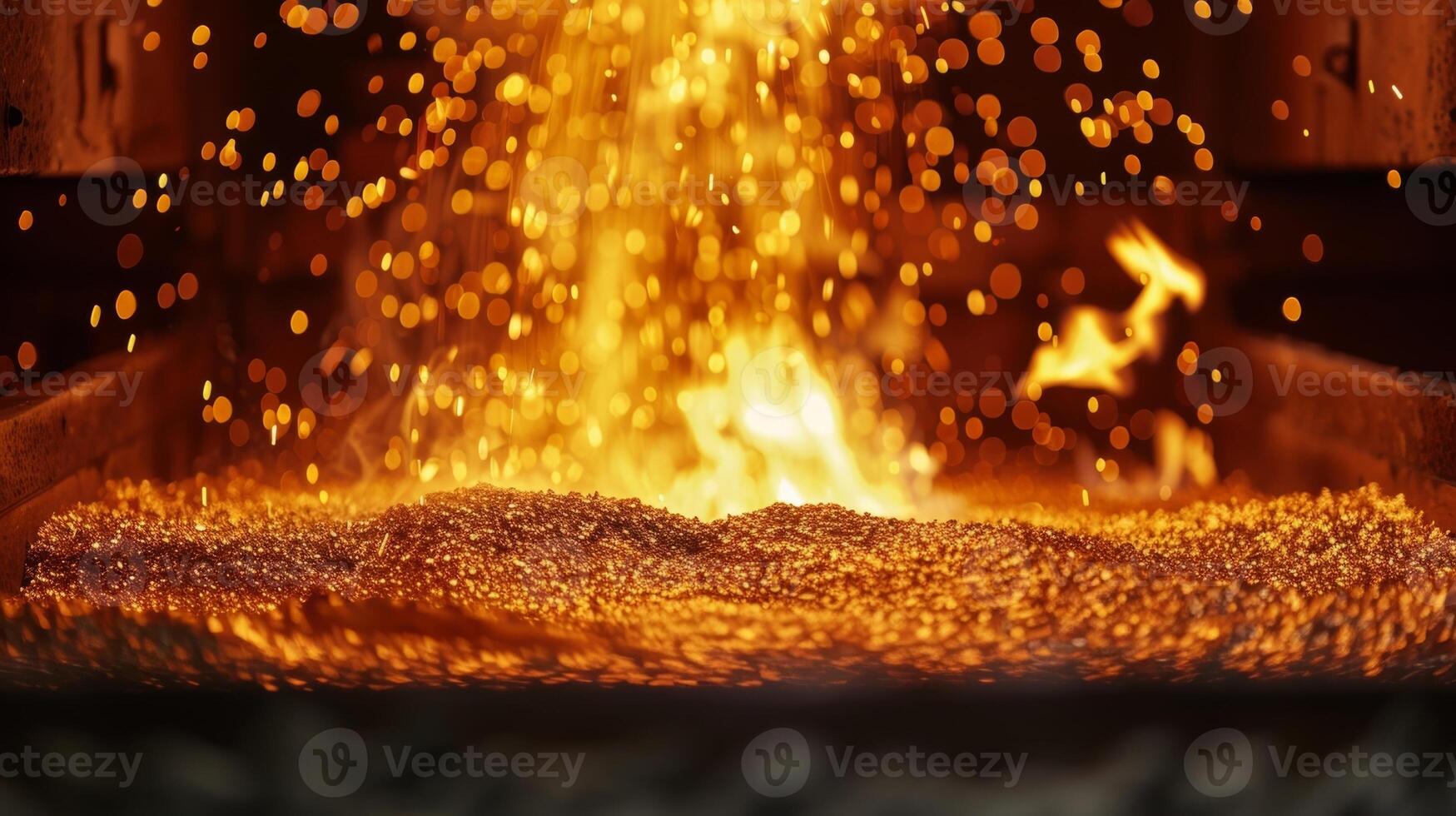 Flames shooting out of the opening of a furnace heating up raw metal materials inside photo