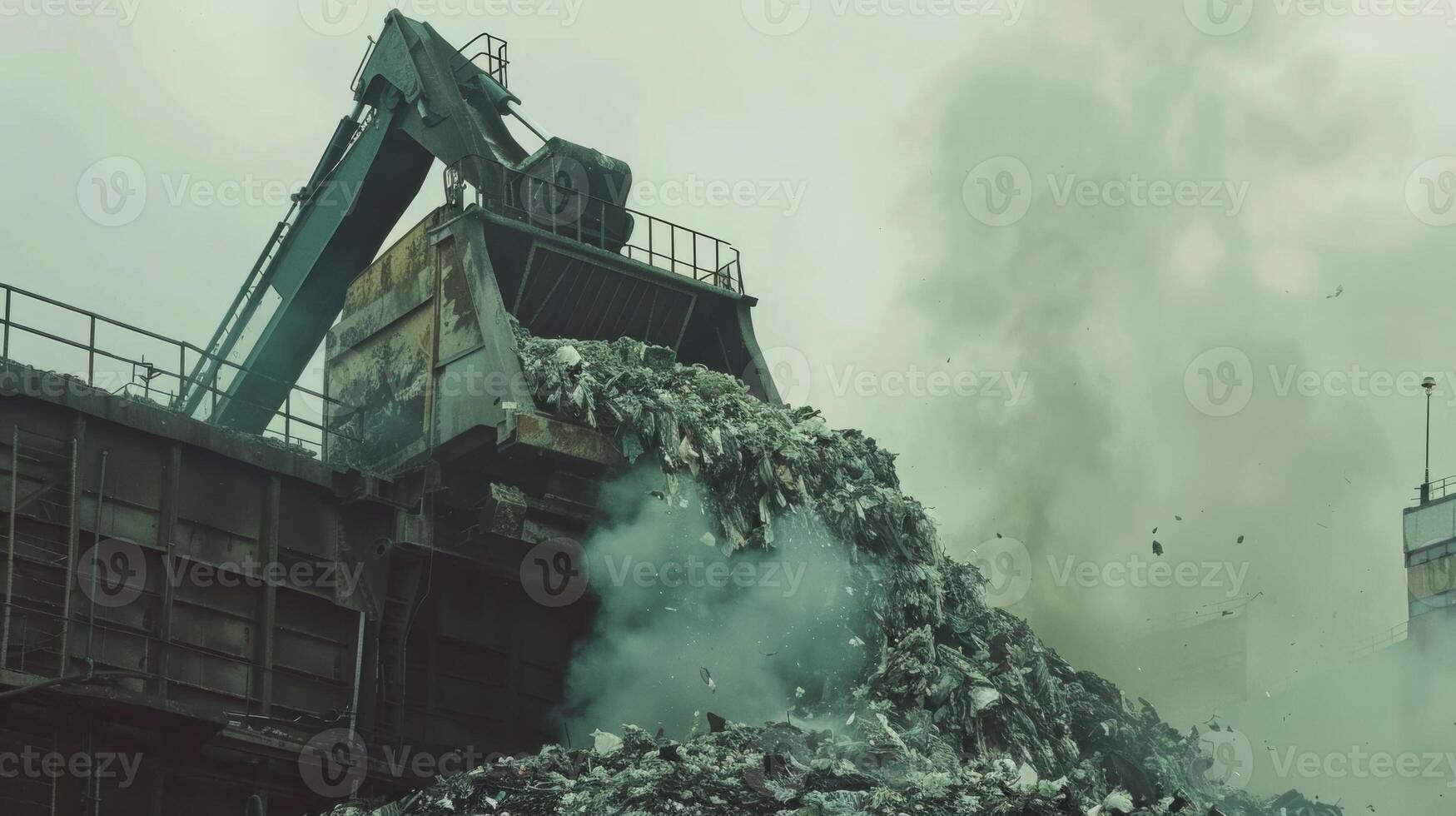 A massive pile of garbage being loaded into the mouth of a large incinerator photo
