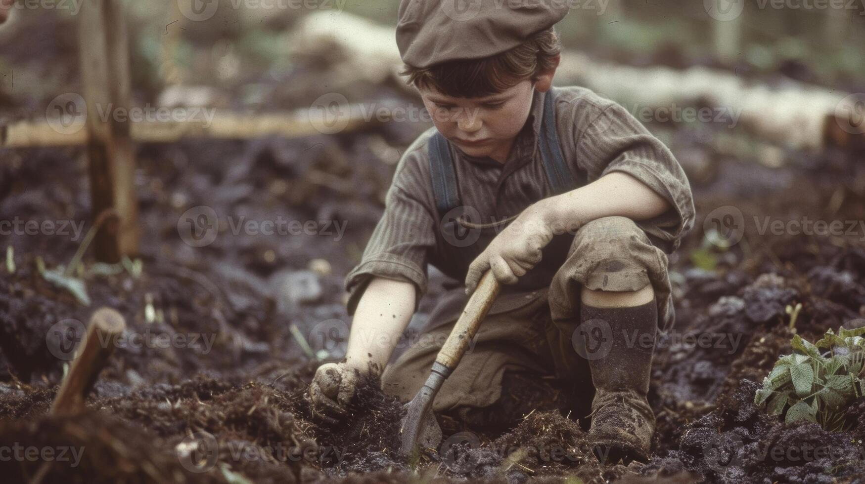A young boy mimicking his fathers actions trying his hand at ting peat for the first time photo