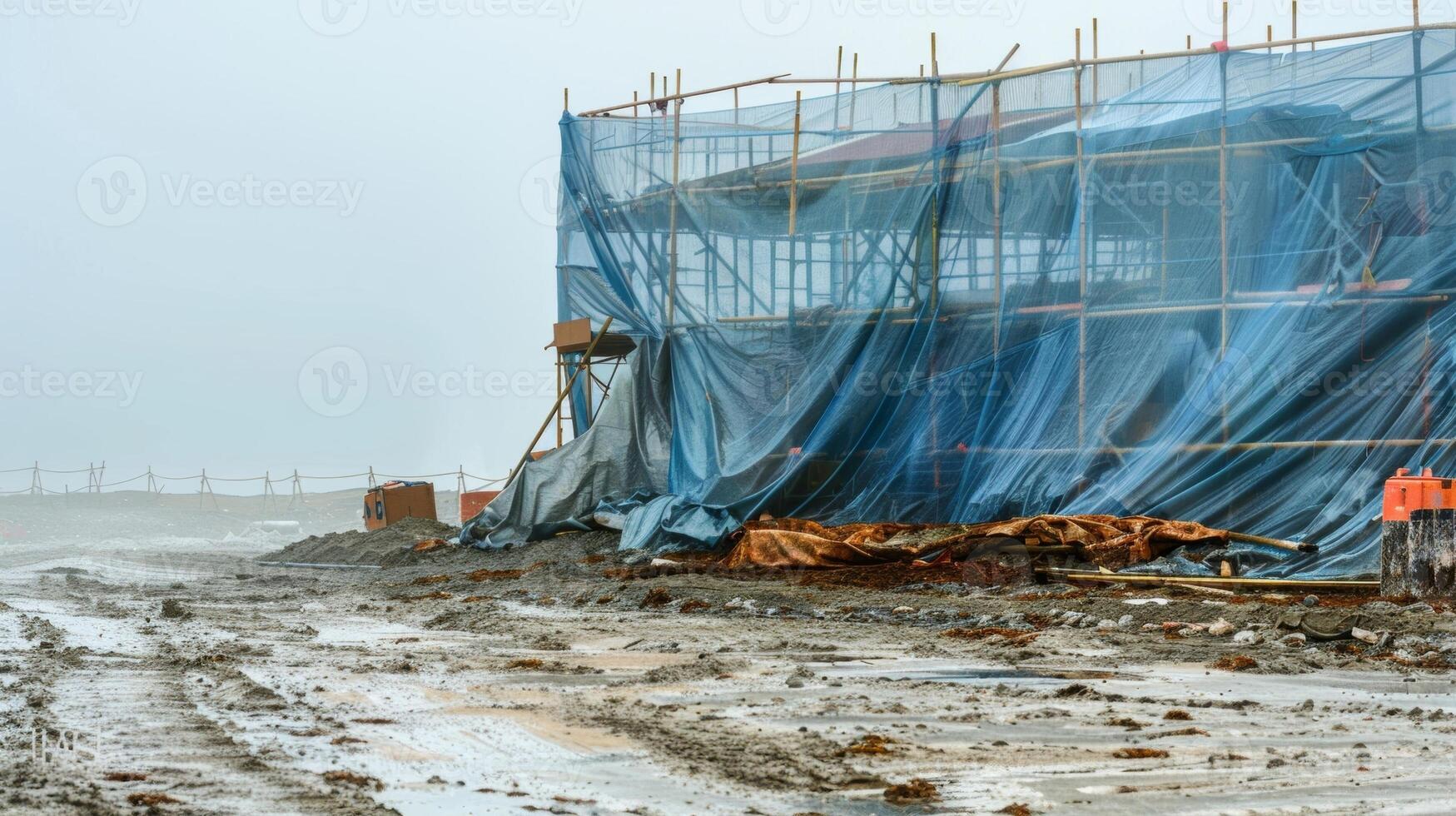 A large tarp covers the construction site shielding workers from the harsh winds blowing in from the nearby coast photo