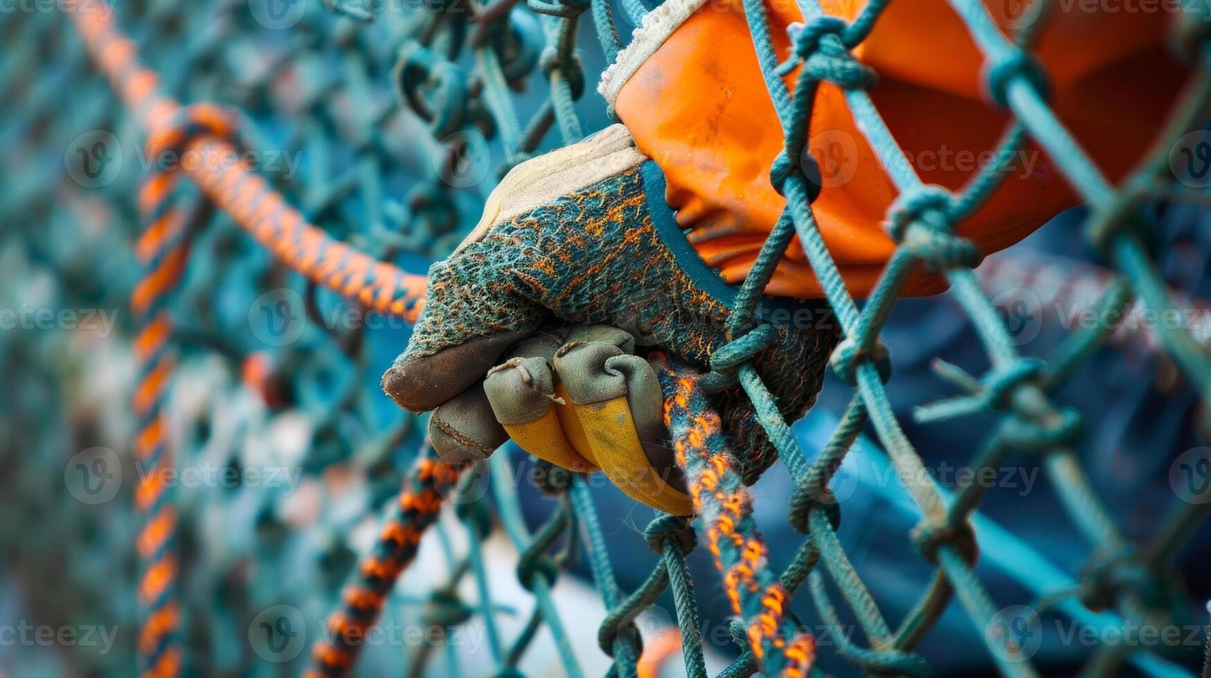 A construction worker attaching hooks and ties to the netting reinforcing its strength and stability photo