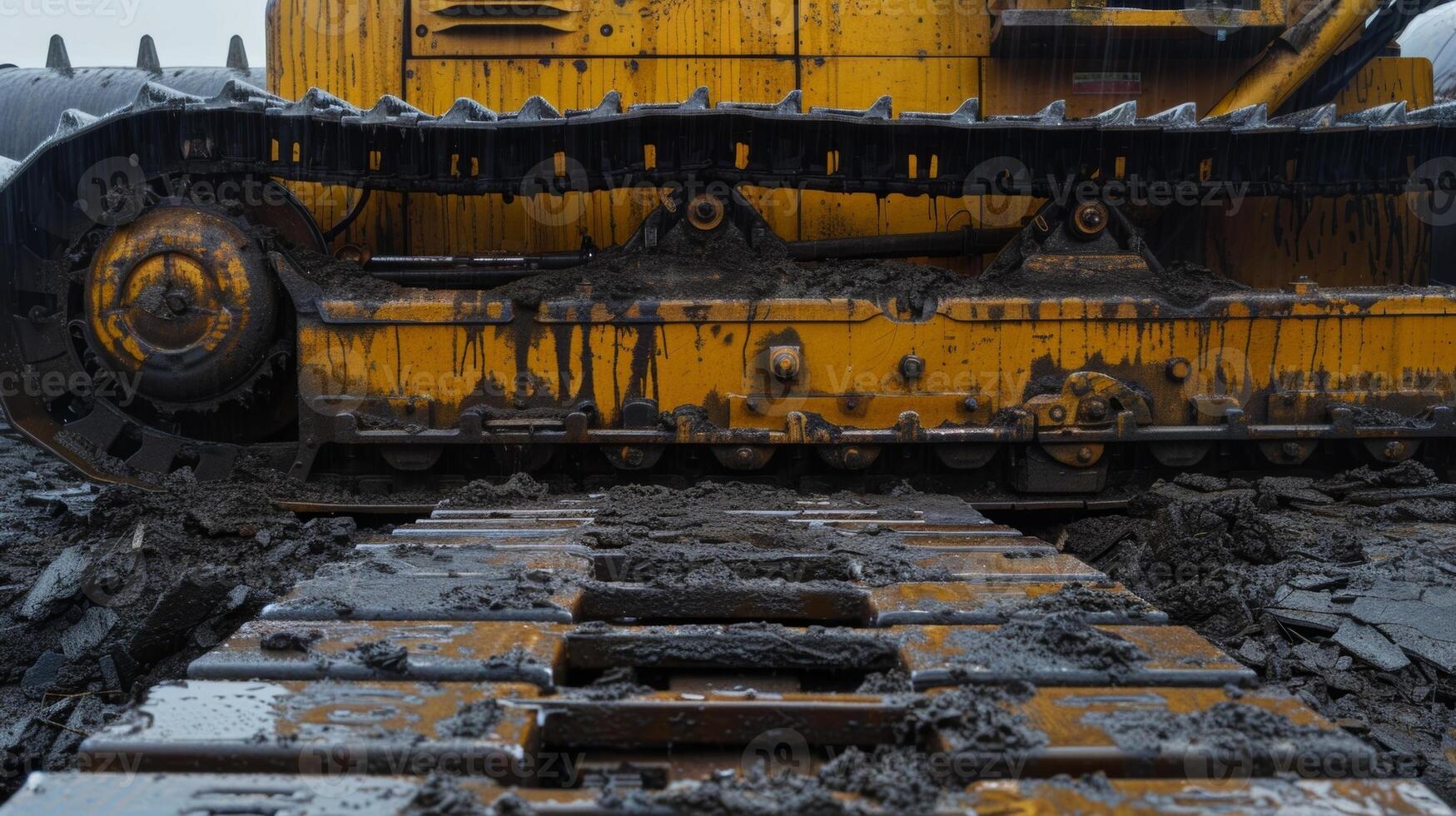 A lone bulldozer sitting idle its large tracks still covered in dew waiting to be fired up and put to work photo