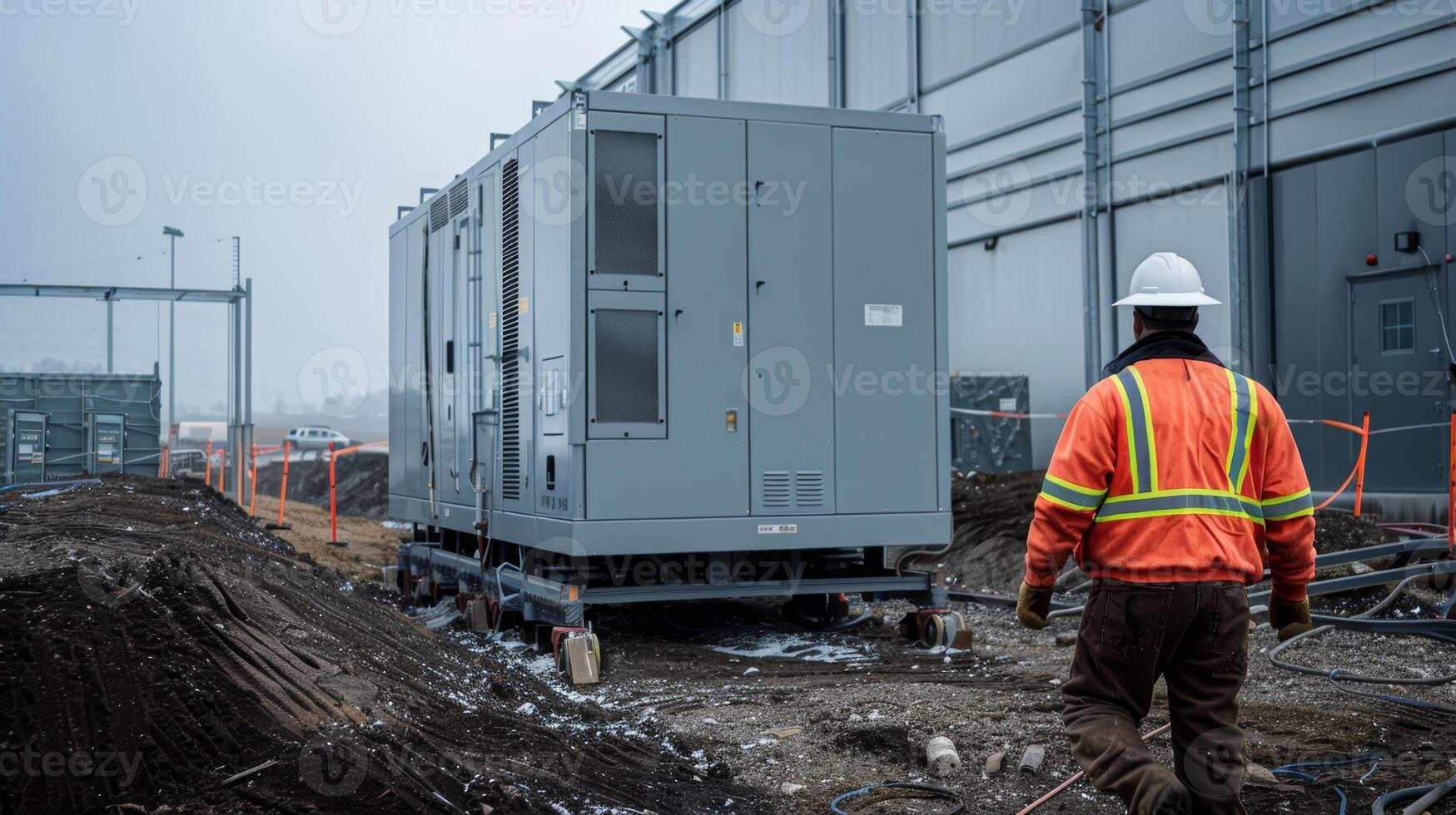 A worker directing the placement of a large generator at the site to provide backup power for the grid photo