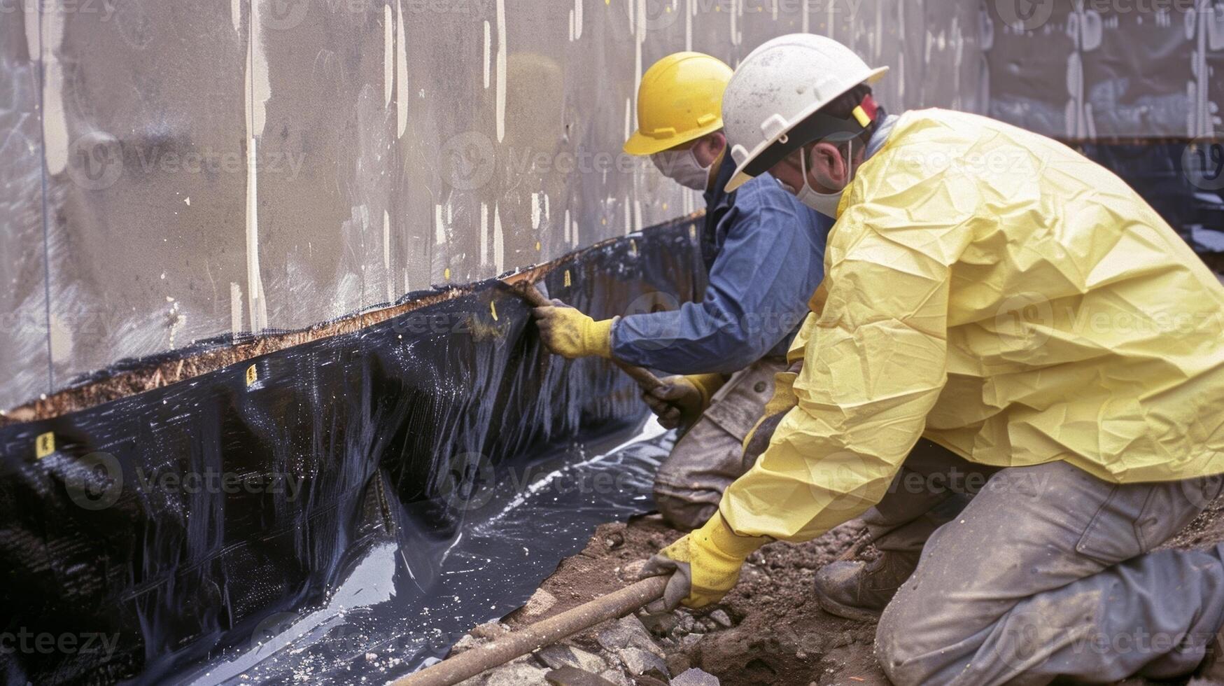 Two workers wearing protective gear and masks apply a tarbased waterproofing membrane to the exposed concrete foundation of a residential home photo