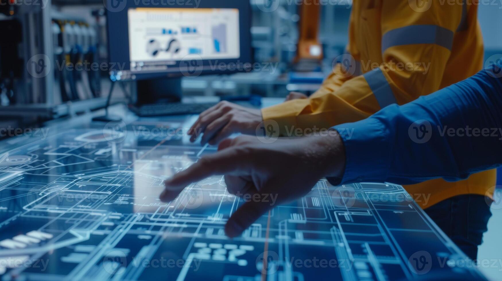 A team of engineers collaborating in a virtual environment using smart technology to digitally plan and simulate construction processes before implementation in the physical world photo