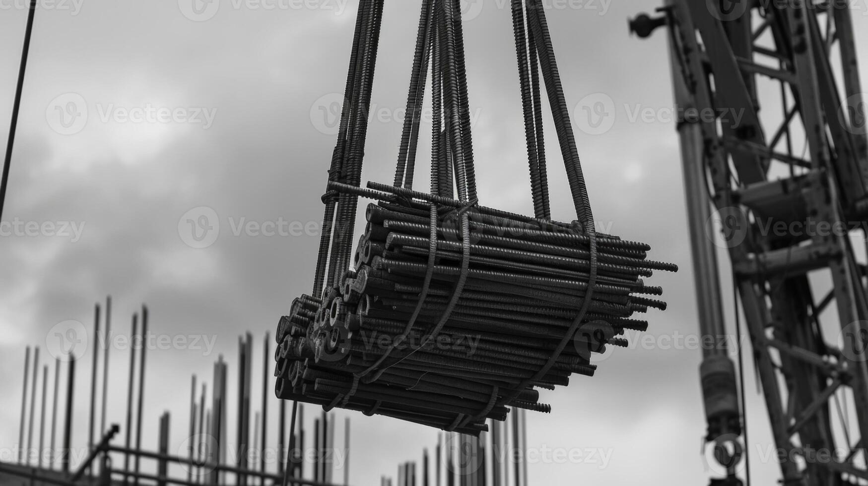 A crane carefully lifting a bundle of rebar rods to be p in the framework photo