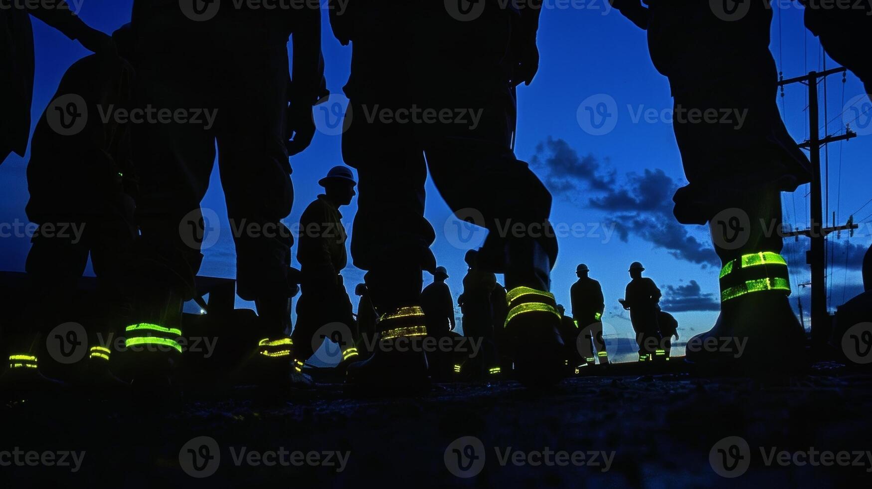 Silhouettes of workers gather together their vibrant reflective tape on their boots and hard hats providing a stark contrast against the dark sky photo