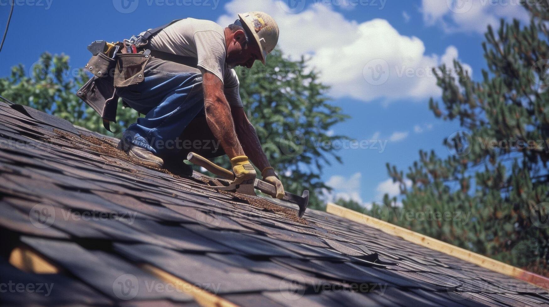 A worker hammering in shingles onto a completed section of a prefabricated roof photo