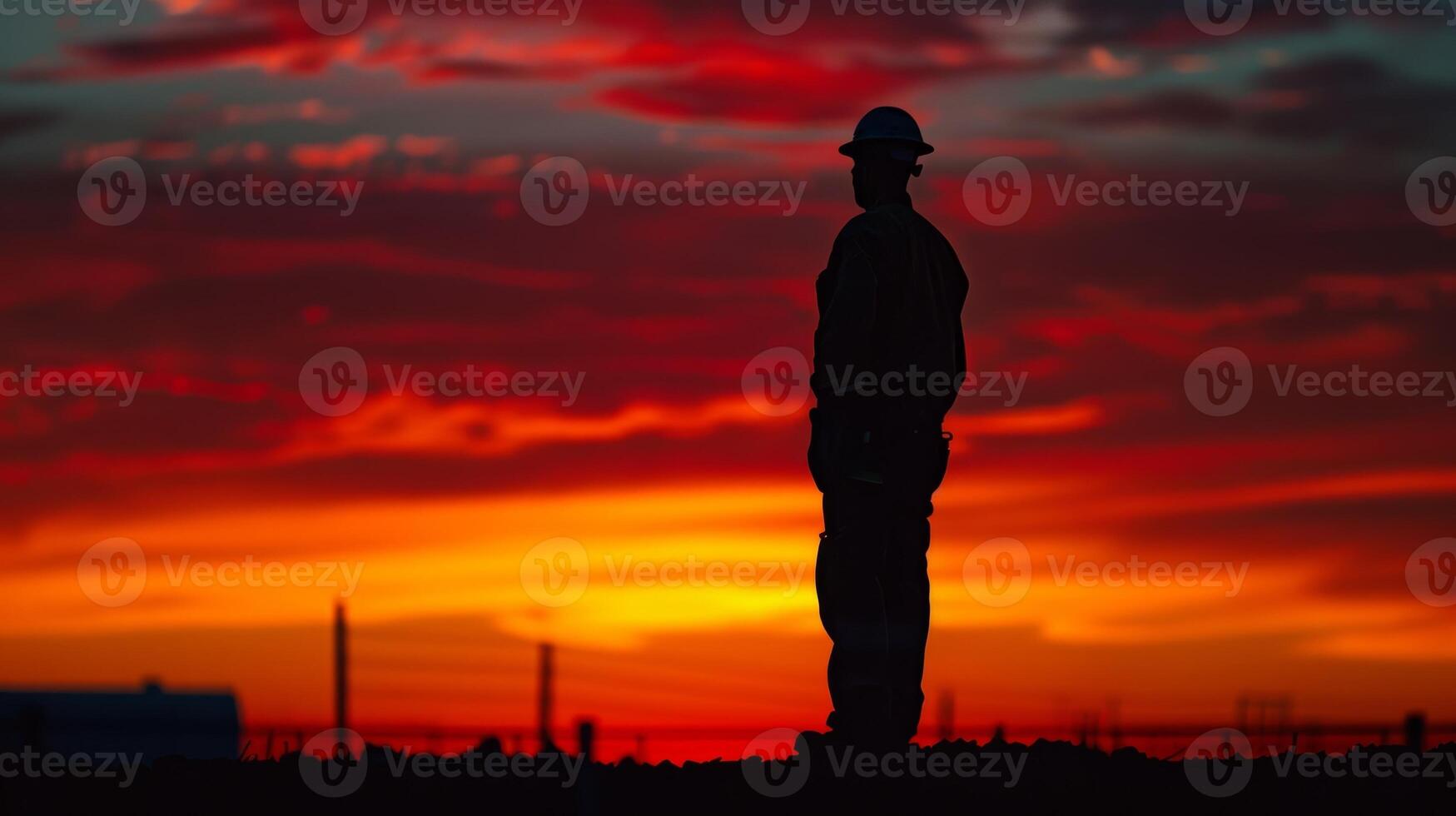 As the day comes to an end the silhouette of a construction worker stands out against the intense colors of the setting sun a symbol of perseverance photo