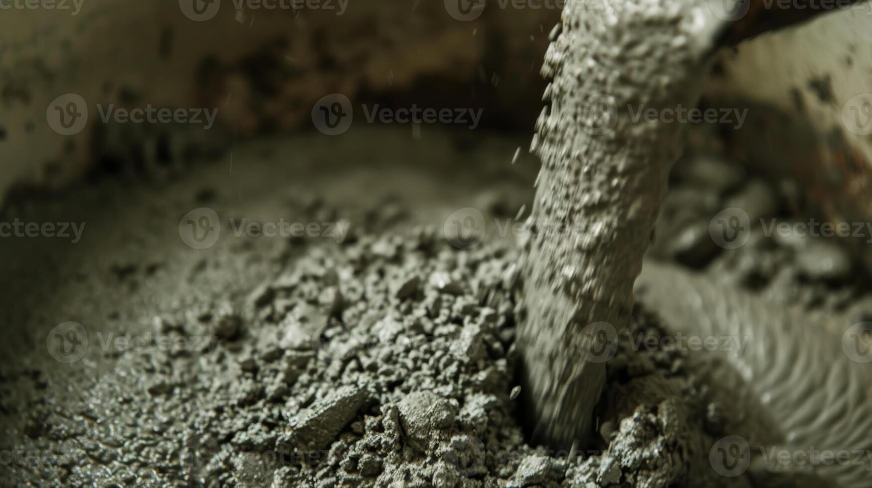 A closeup image shows the smooth gray texture of the freshly mixed cement as it begins to pour out of the mixer photo