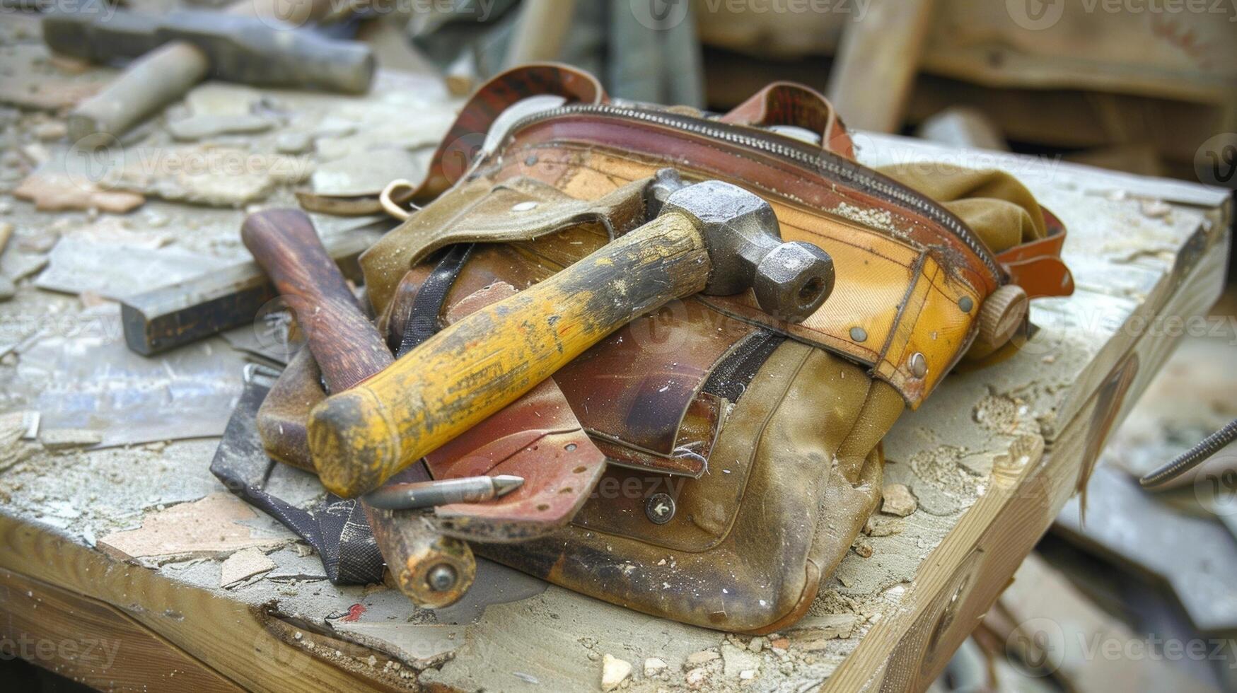 A sharp chisel and a sy hammer attached to a tool belt waiting to be used photo