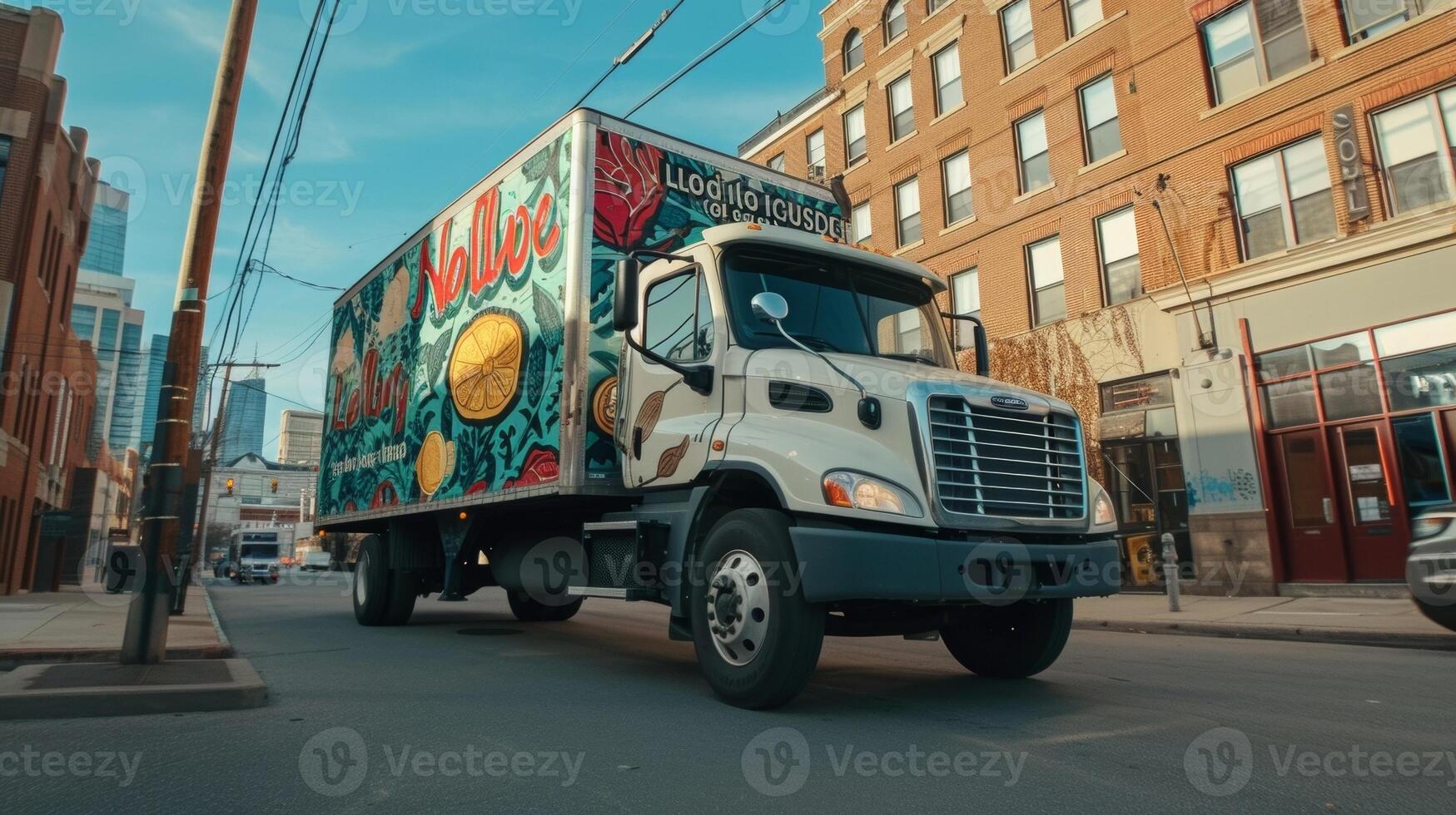 A zoomedin shot of a transportation truck adorned with a banner that reads Locally Made Locally Delivered representing the benefits of reshoring for reducing transportatio photo