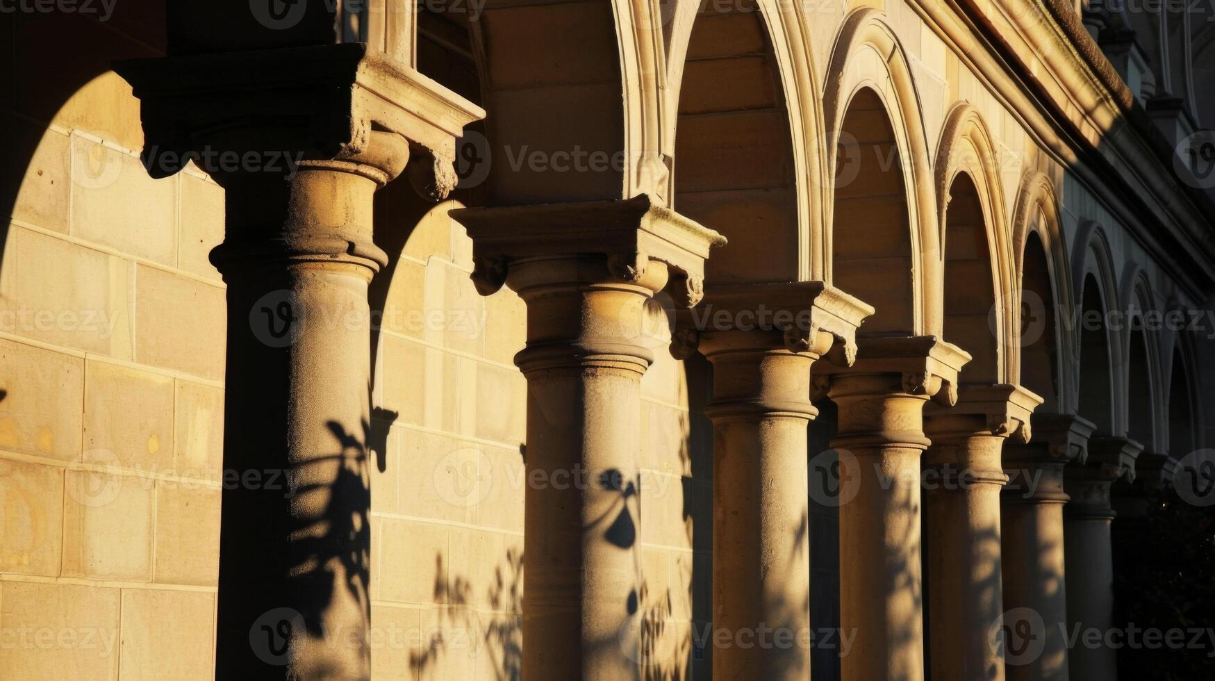 The shadows of arches and columns cast against a buildings exterior create a captivating silhouette photo
