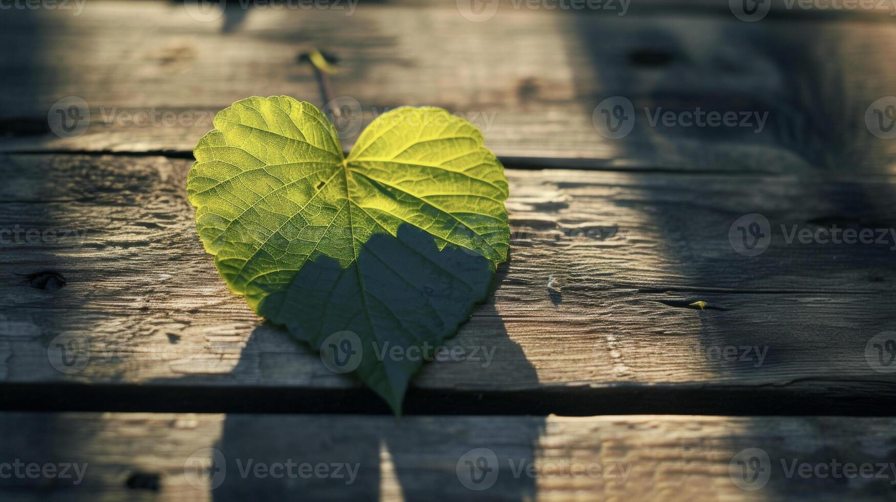 A single leaf with its shadow forming a delicate heart shape on a wooden surface representing the beauty of nature photo
