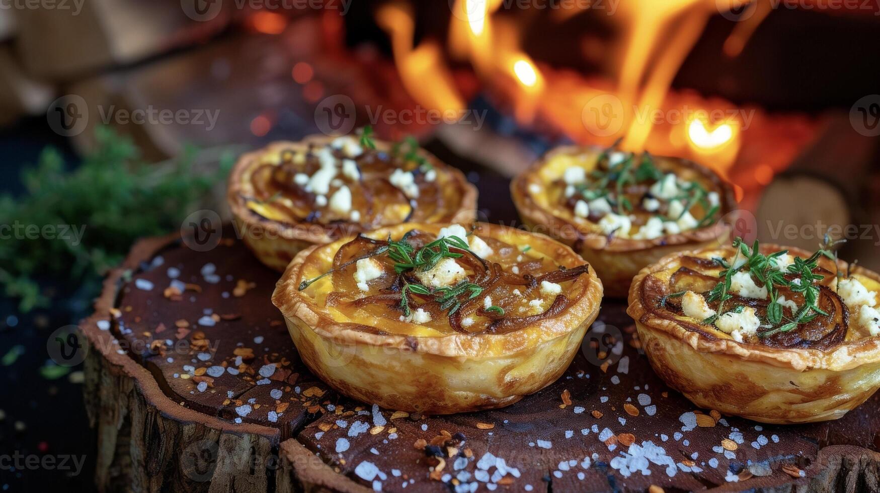 A delightful mini quiche filled with golden caramelized onions and tangy feta cheese served alongside a crackling fire that adds a cozy and enchanting touch to the dish photo