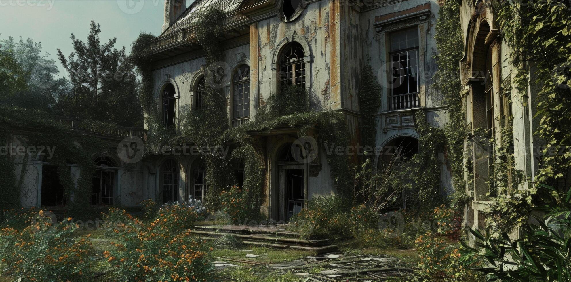 Background A dilapidated mansion with overgrown gardens and broken windows photo
