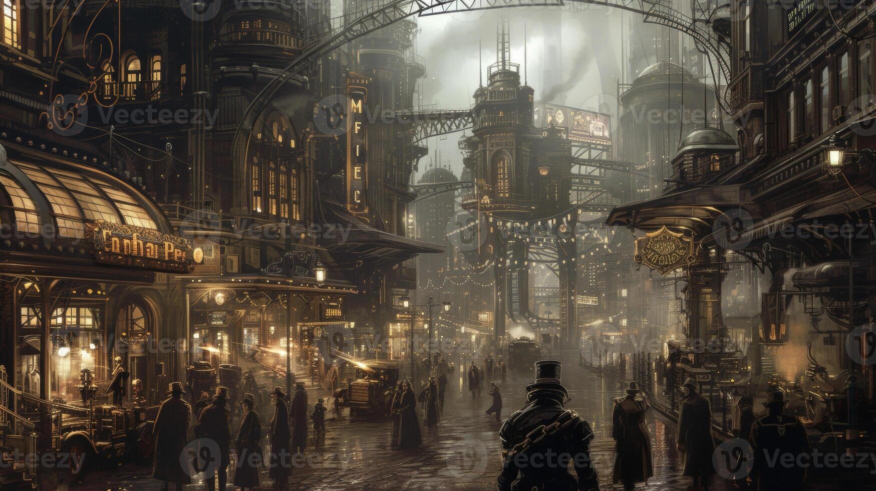 Background The busy streets of a steampunk city filled with skysers powered by steam and bustling with workers clad in similar fashion photo