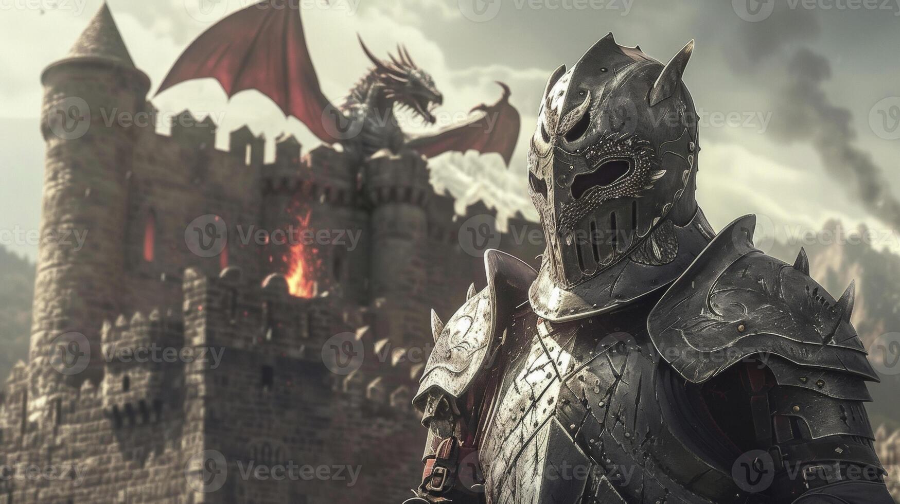 A daring knight wearing medievalinspired armor and a fierce dragon mask ready for battle. In the background a medieval castle with dramatic stone walls and a fiery drago photo