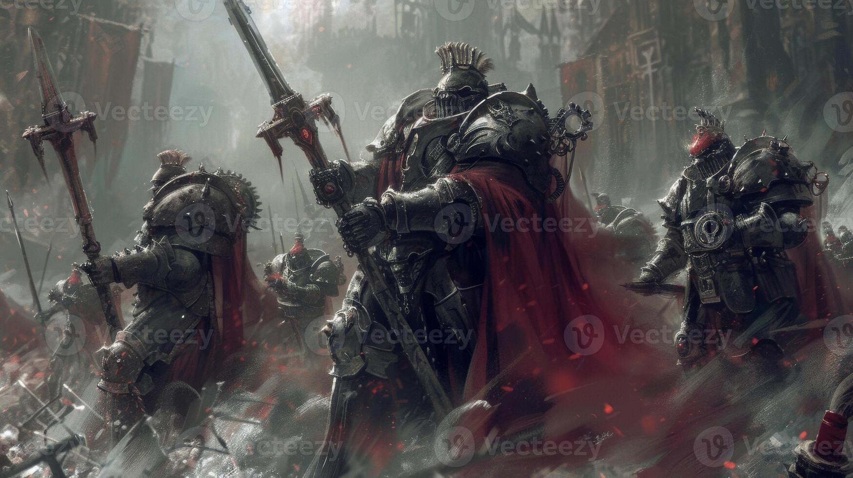A group of fierce warriors clad in armor made from steel plates and gears defend their kingdom from enemy forces with their steampowered weapons photo